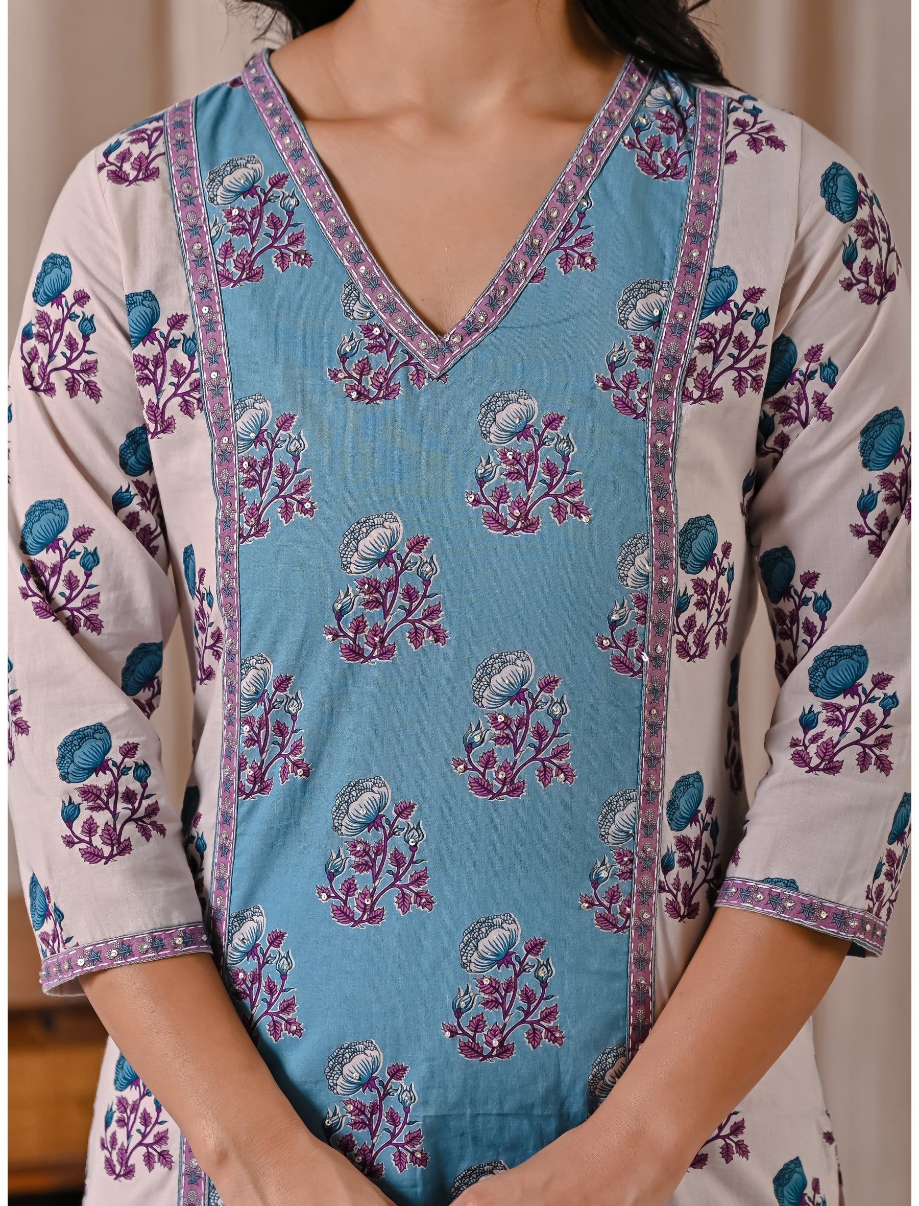 Grey Blue Block Printed Cotton Straight Fit Kurti