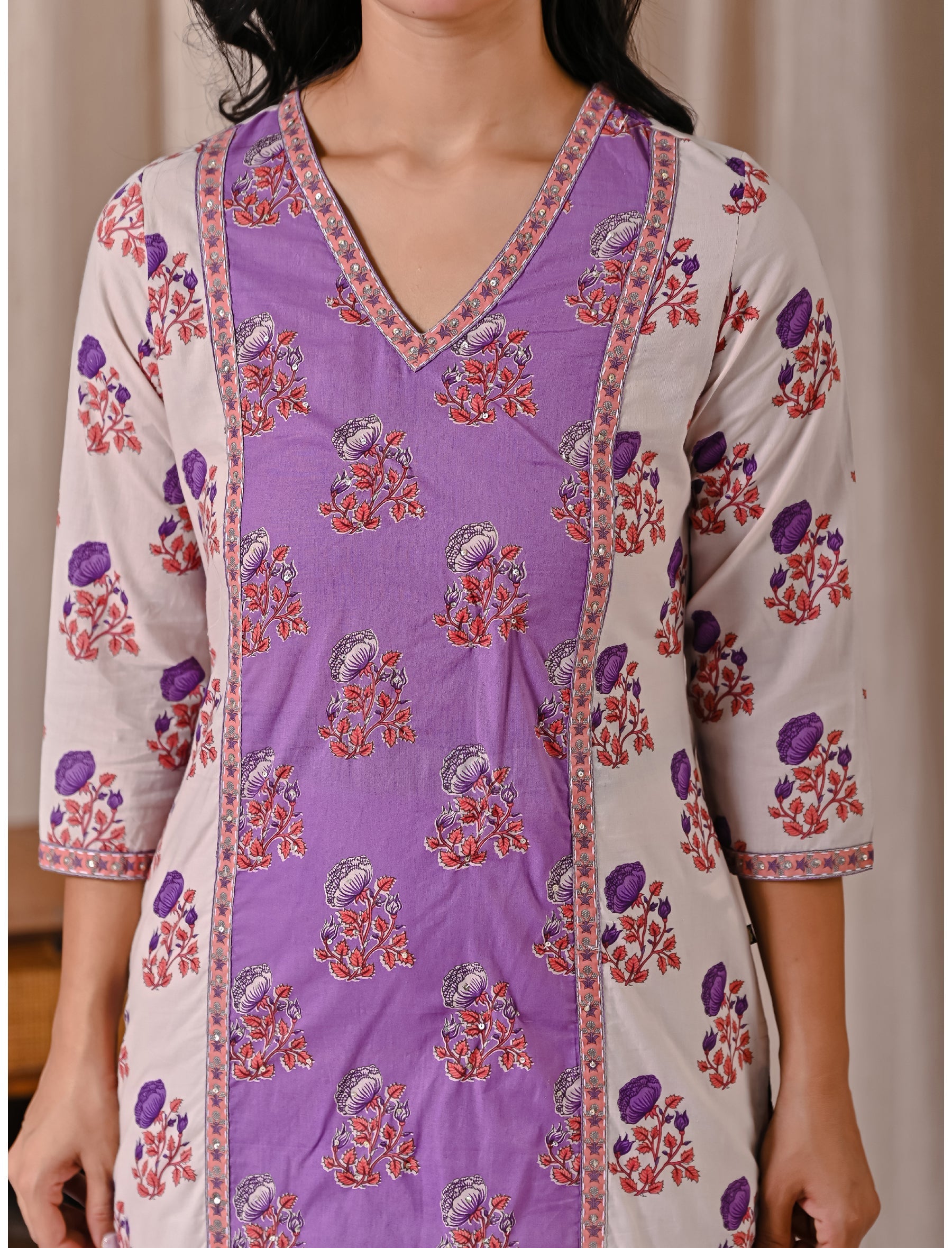 Grey Purple Block Printed Cotton Straight Fit Kurti