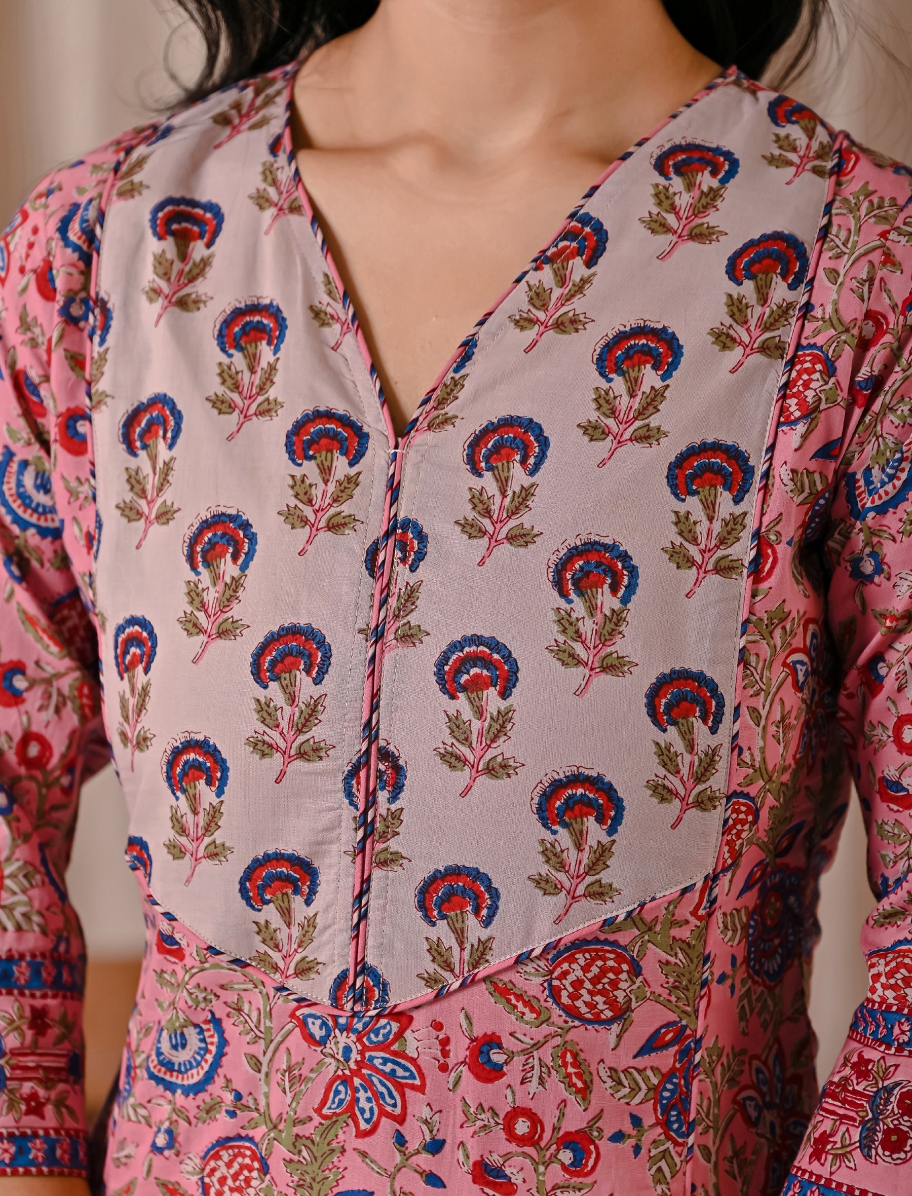 Pink Jaal Block Printed Cotton Straight Kurti