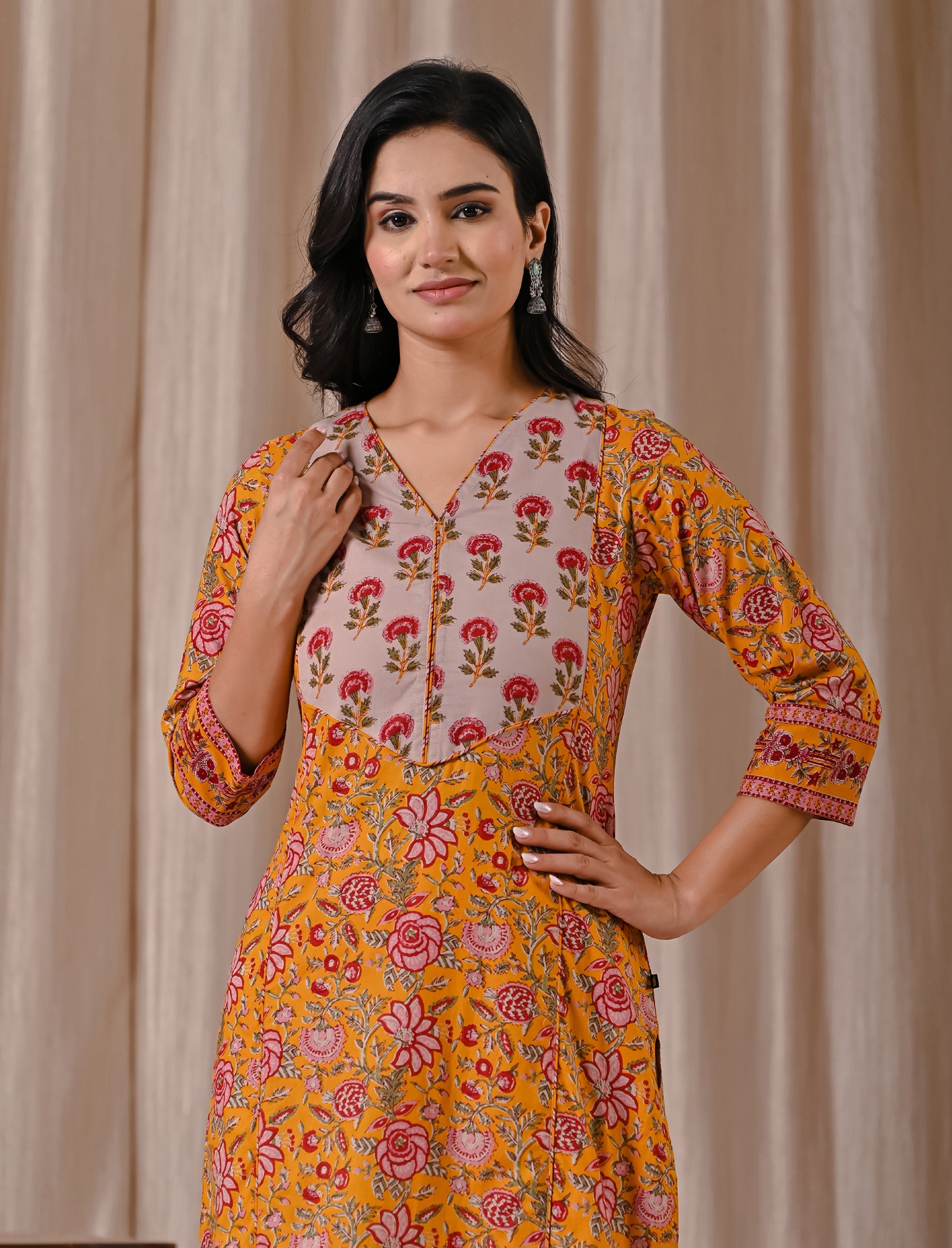 Yellow Jaal Block Printed Cotton Straight Kurti