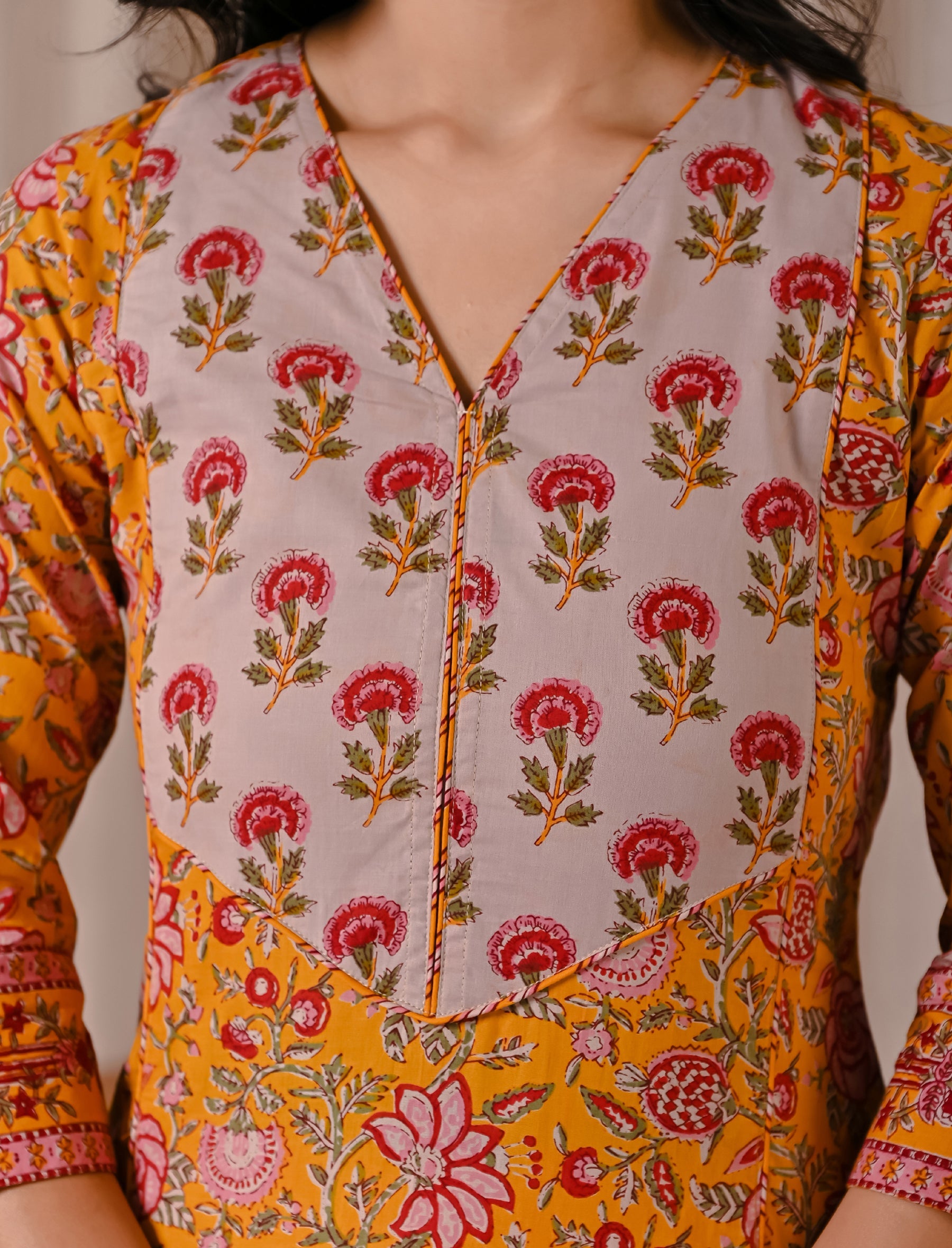 Yellow Jaal Block Printed Cotton Straight Kurti