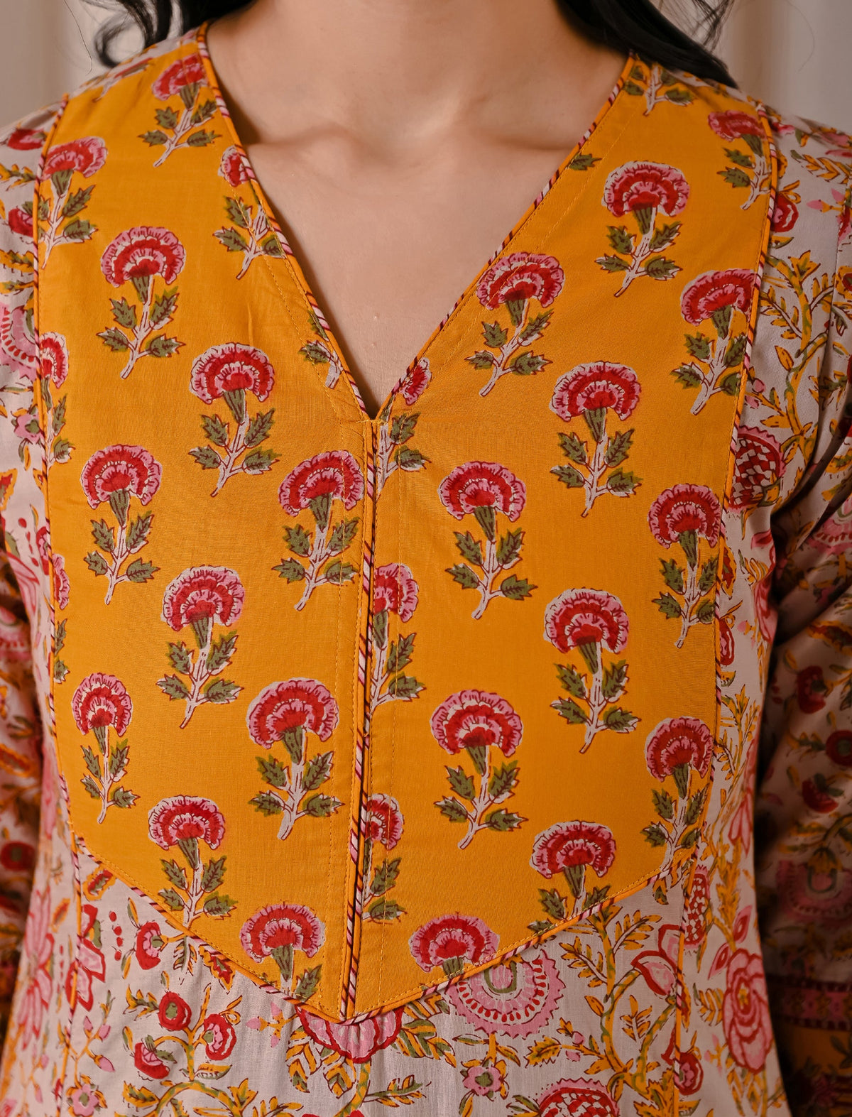 Beige Jaal Block Printed Cotton Straight Kurti