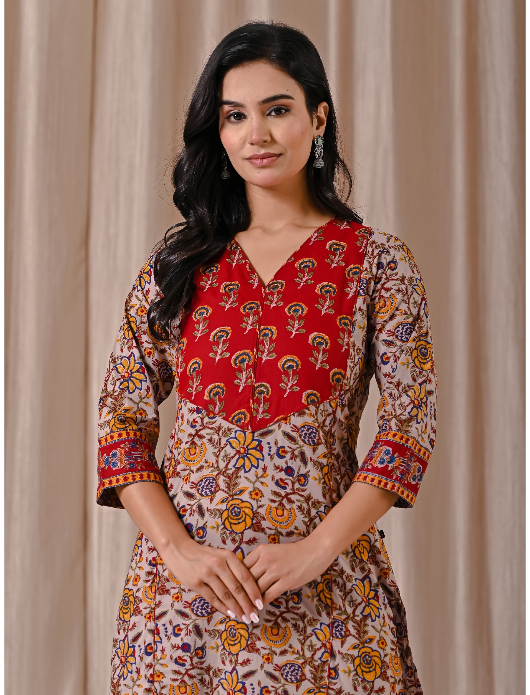 Beige Red Jaal Block Printed Cotton Straight Kurti