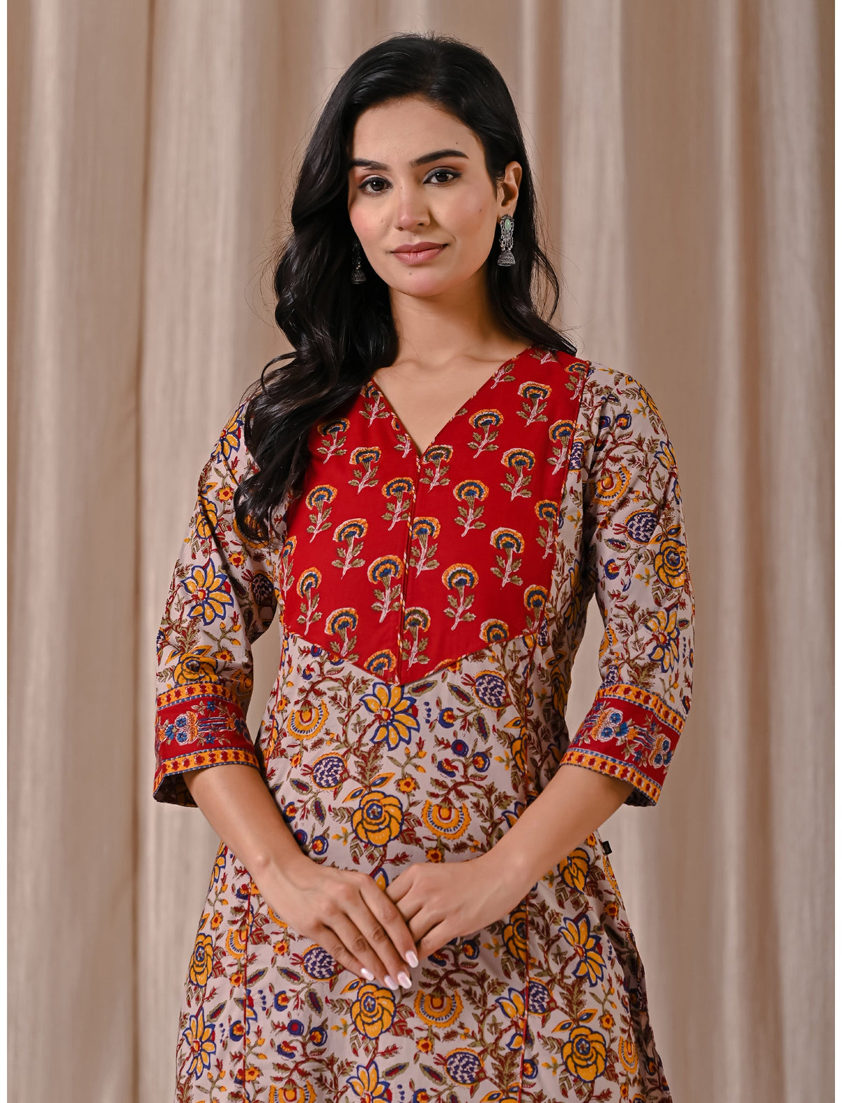 Beige Red Jaal Block Printed Cotton Straight Kurti