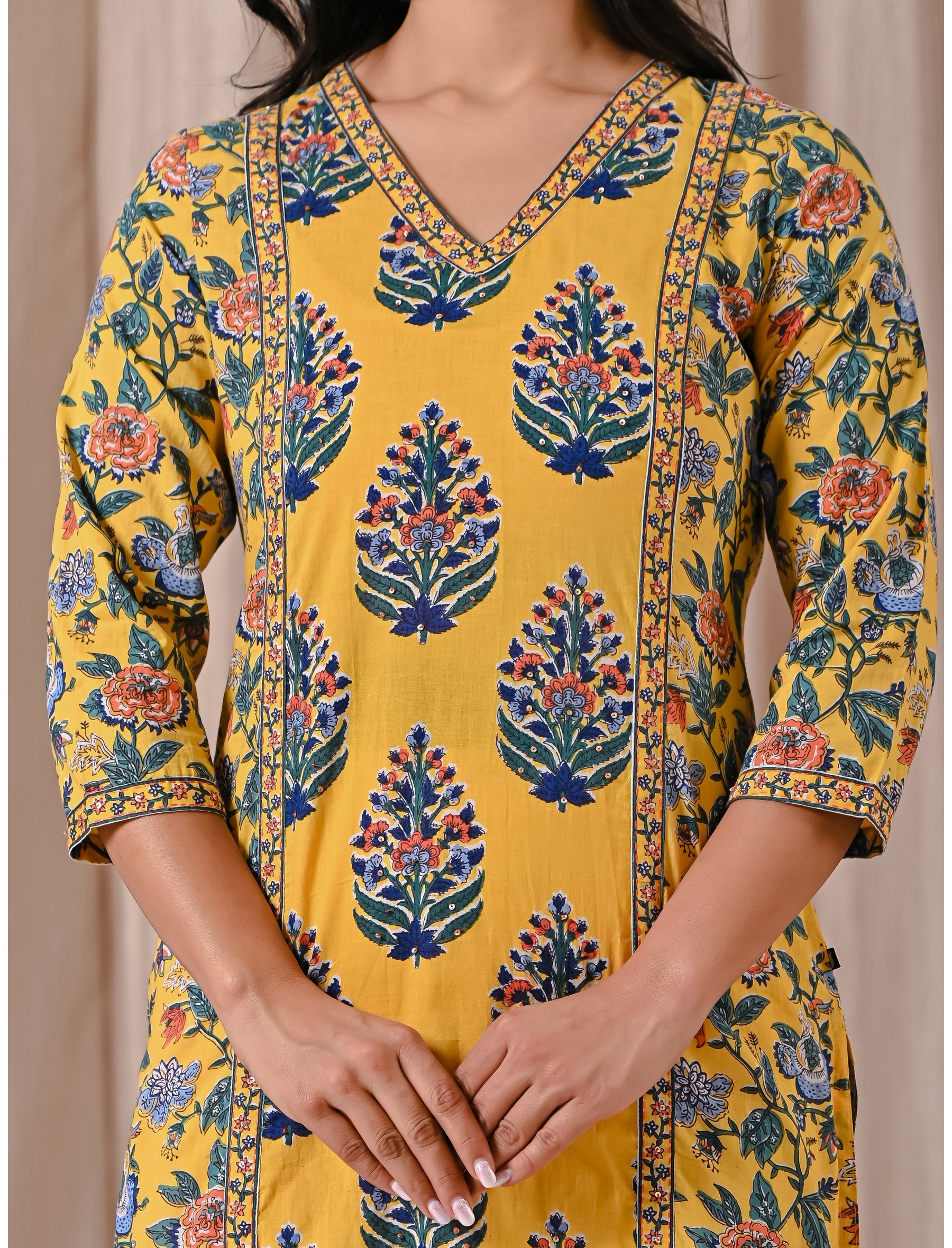 Yellow Block Printed Cotton Straight Fit Kurti
