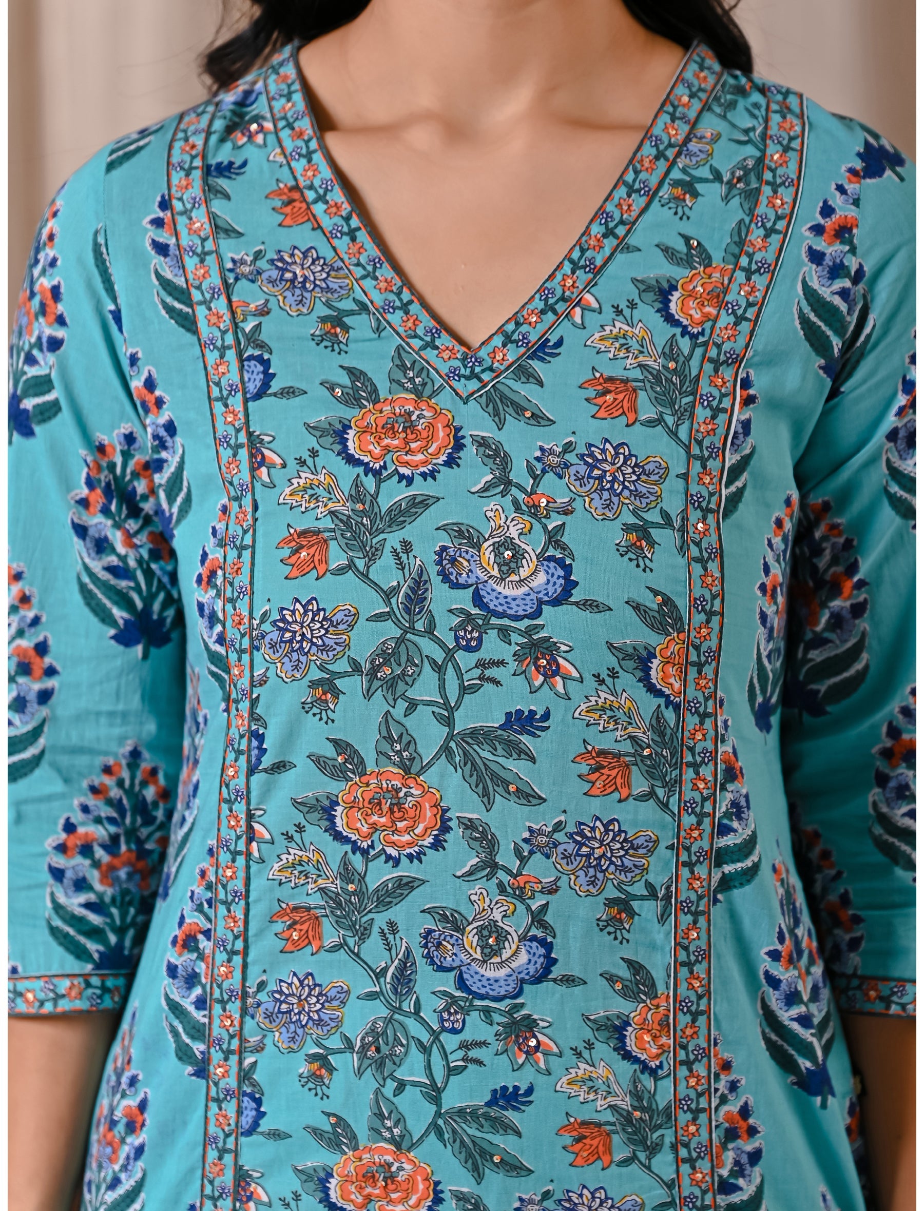 Sea Blue Block Printed Cotton Straight Fit Kurti