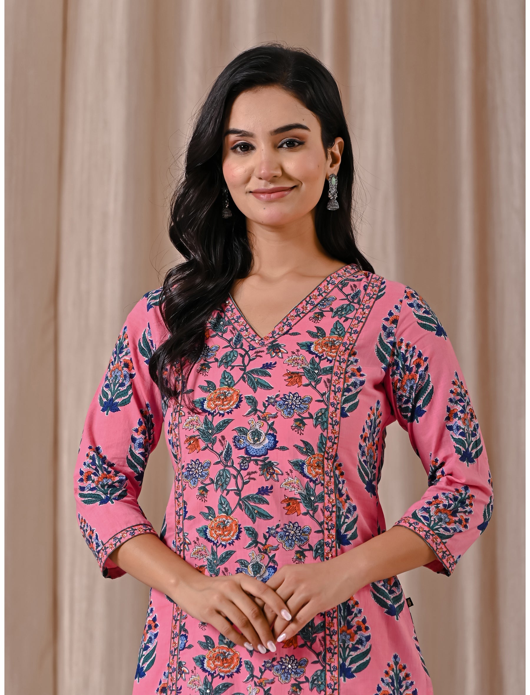 Pink Block Printed Cotton Straight Fit Kurti