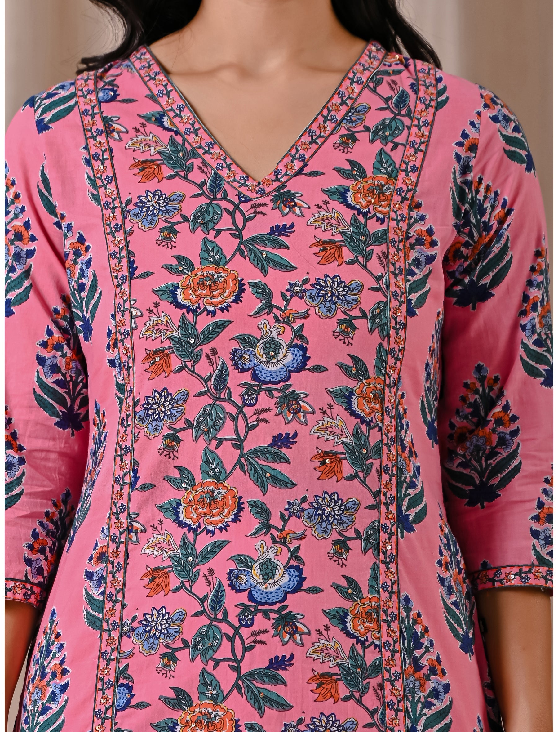 Pink Block Printed Cotton Straight Fit Kurti