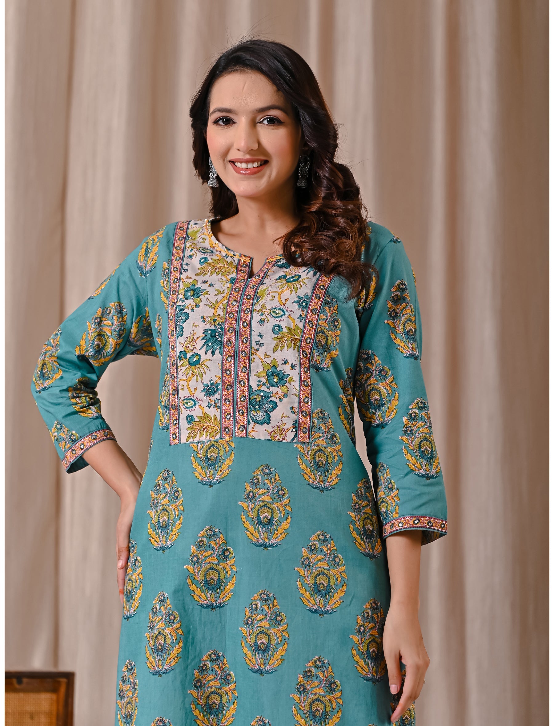 Cyan Butta Block Printed Straight Fit Kurta Afghani Set