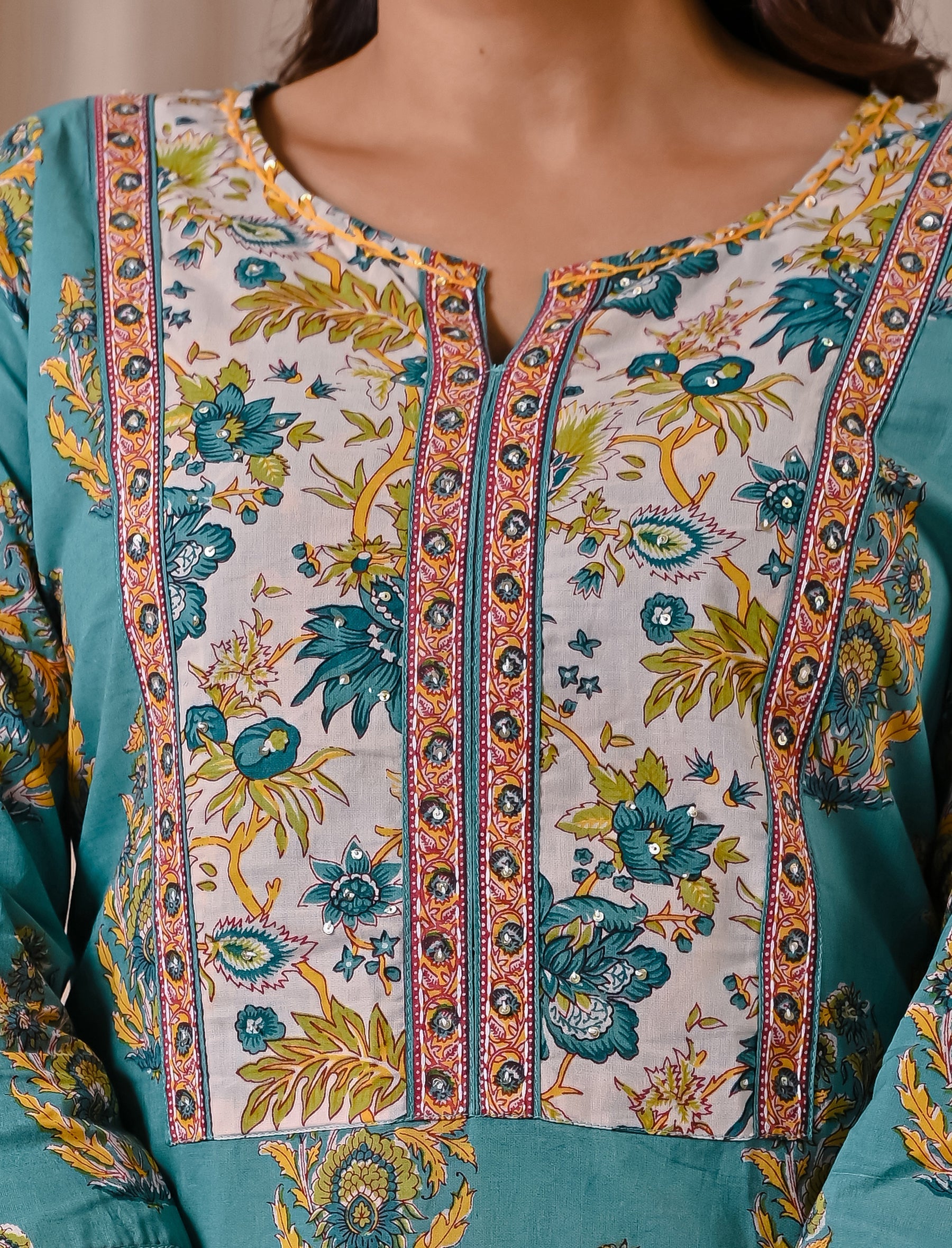 Cyan Butta Block Printed Straight Fit Kurta Afghani Set