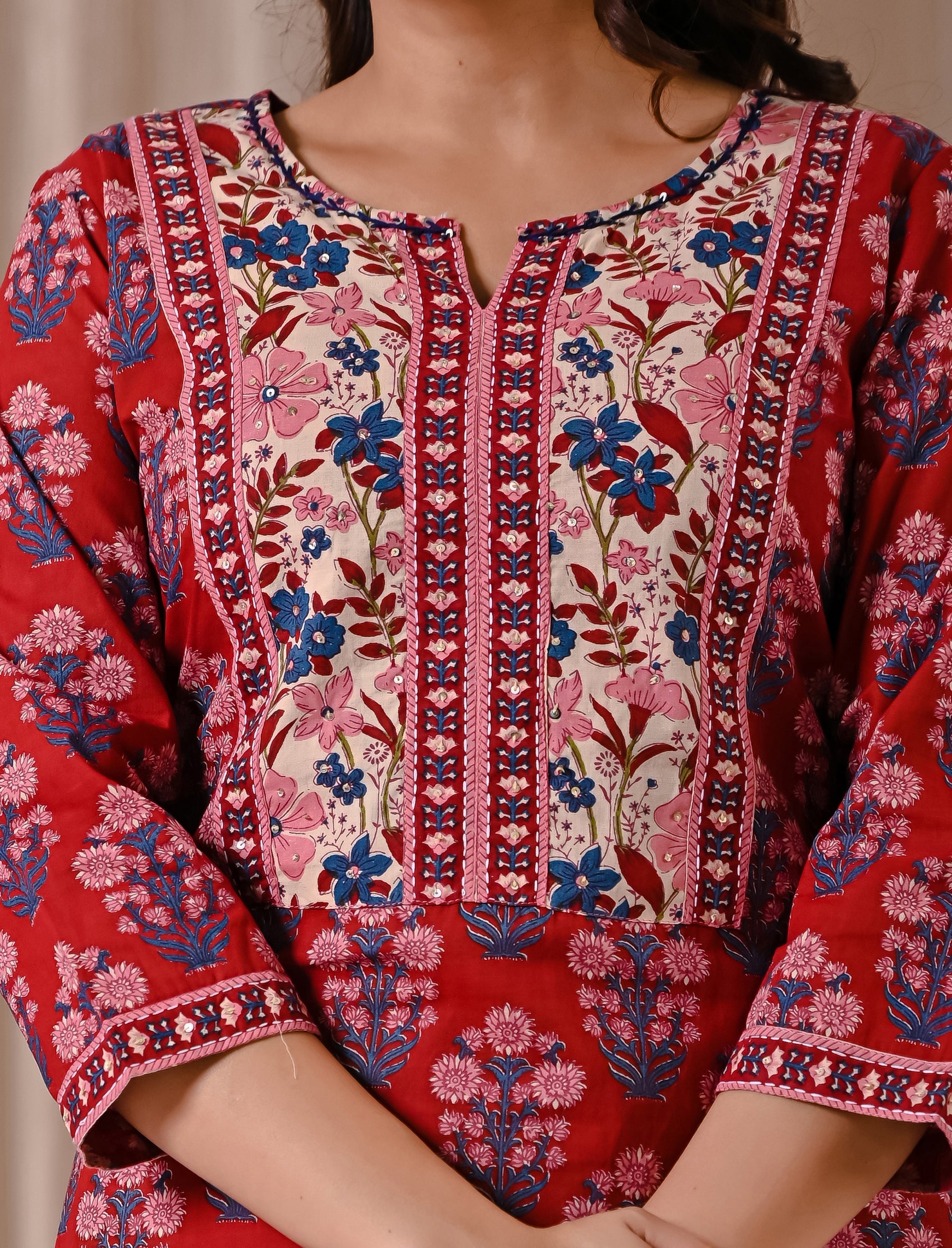 Red Butta Block Printed Straight Fit Kurta Afghani Set