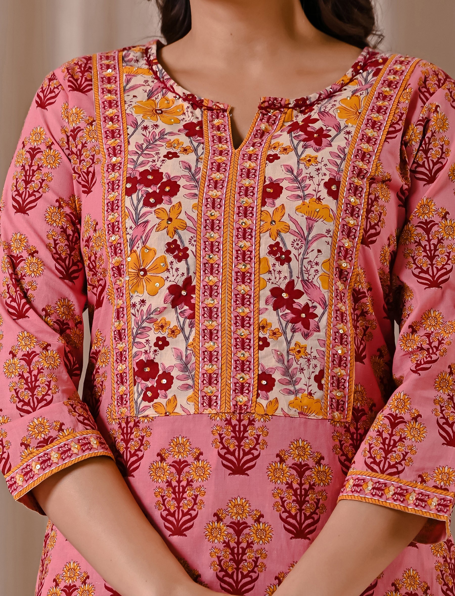 Peach Butta Block Printed Straight Fit Kurta Afghani Set