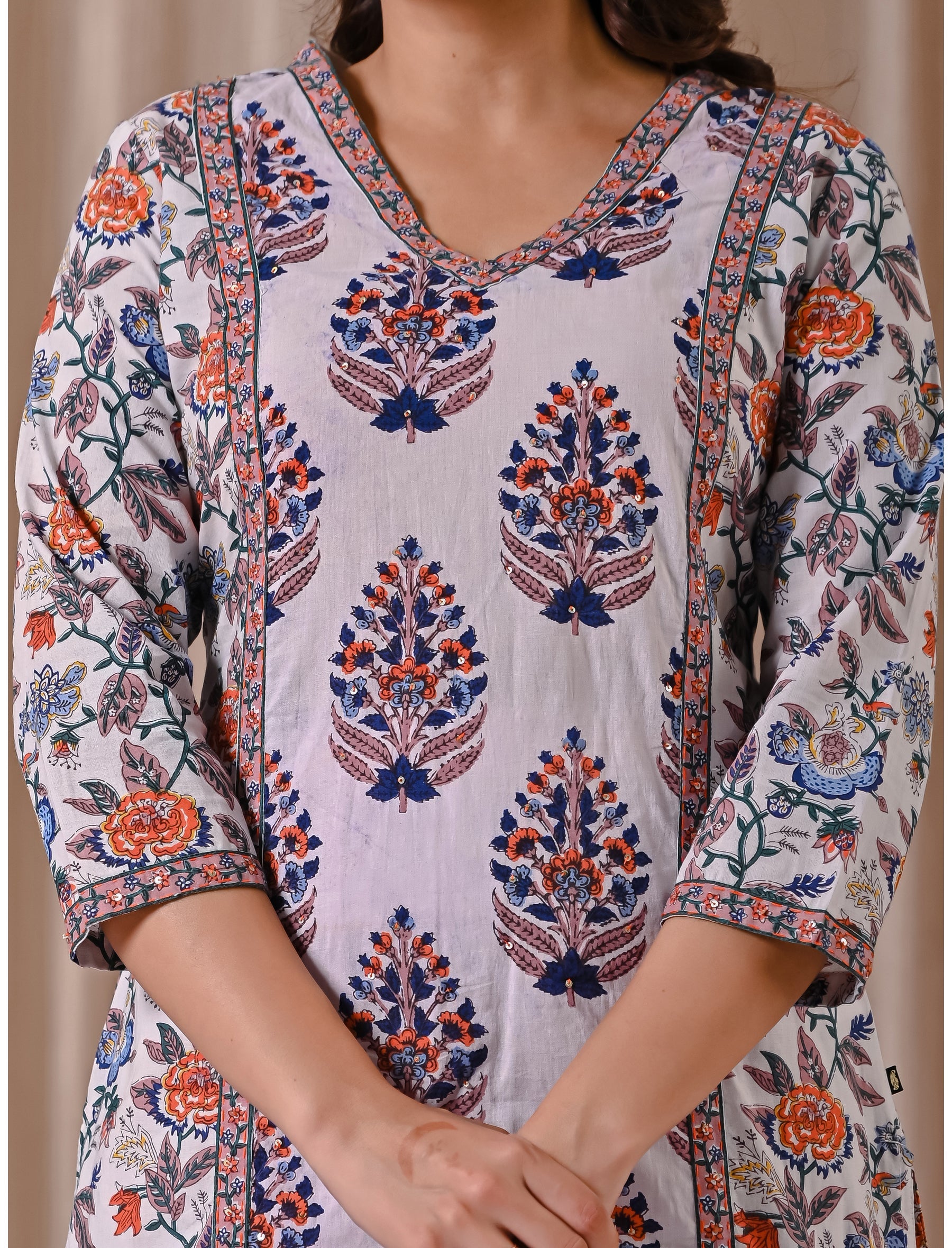 White Butta Block Printed Cotton Straight Fit Kurti