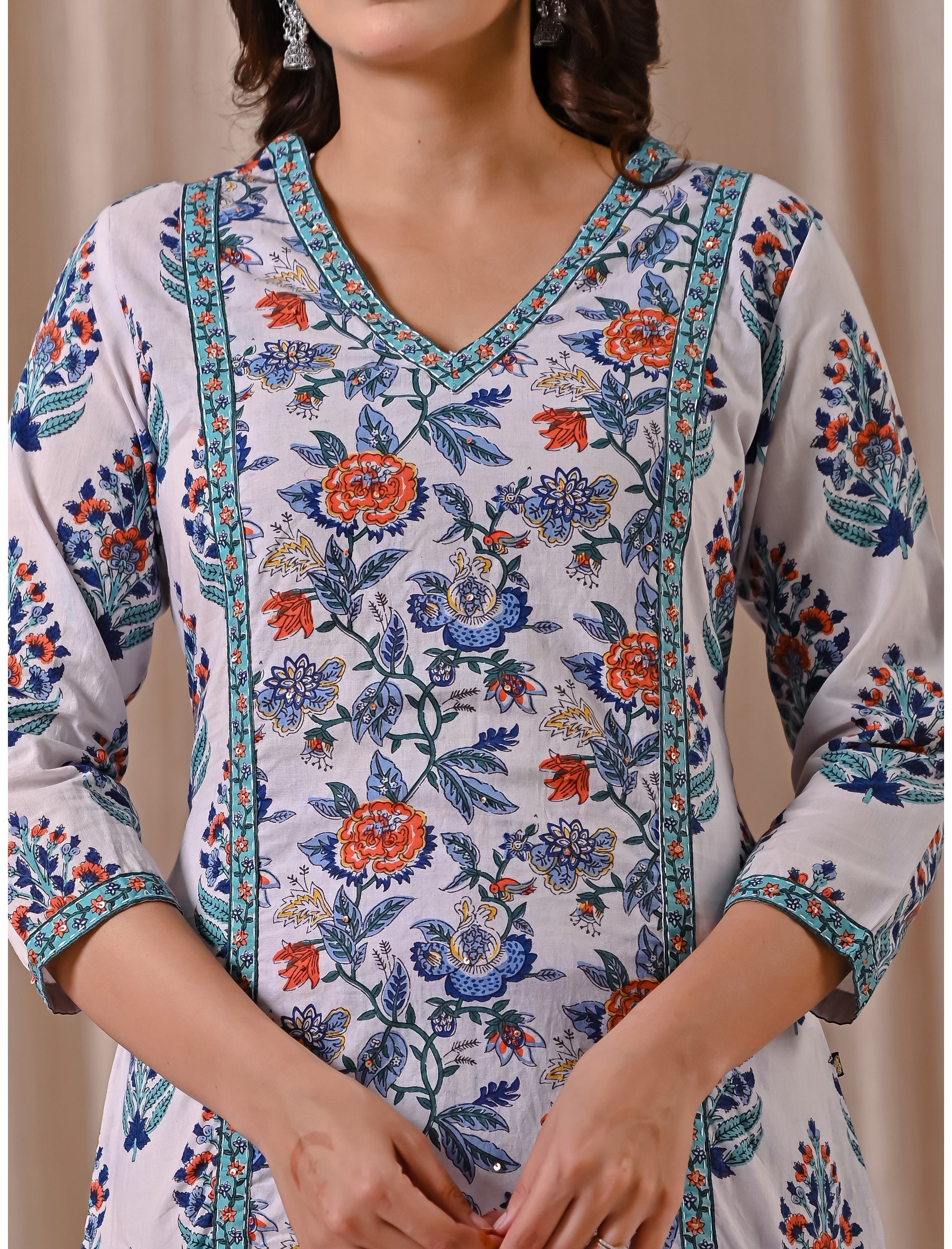 White Jaal Block Printed Cotton Straight Fit Kurti