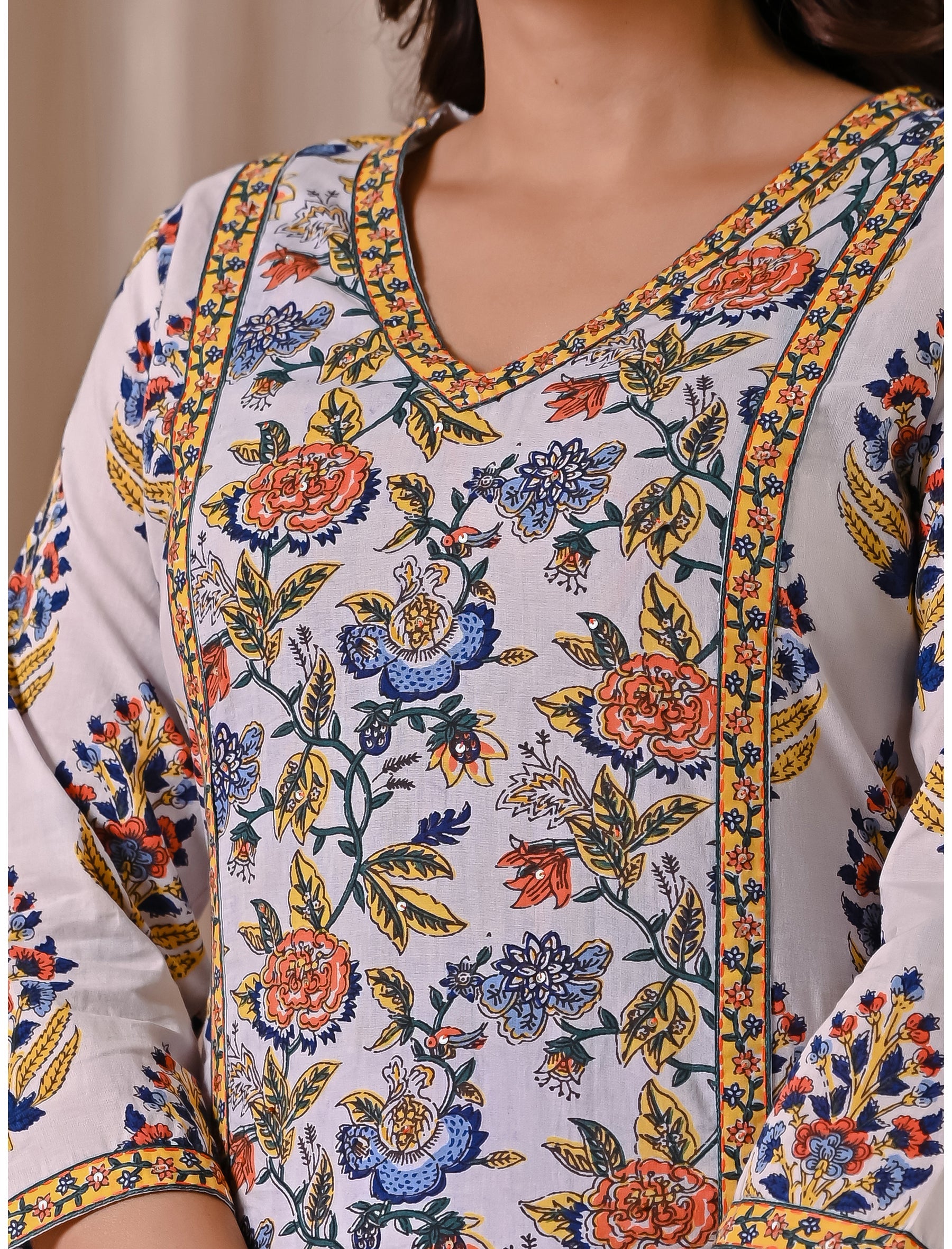 White Multi Jaal Block Printed Cotton Straight Fit Kurti