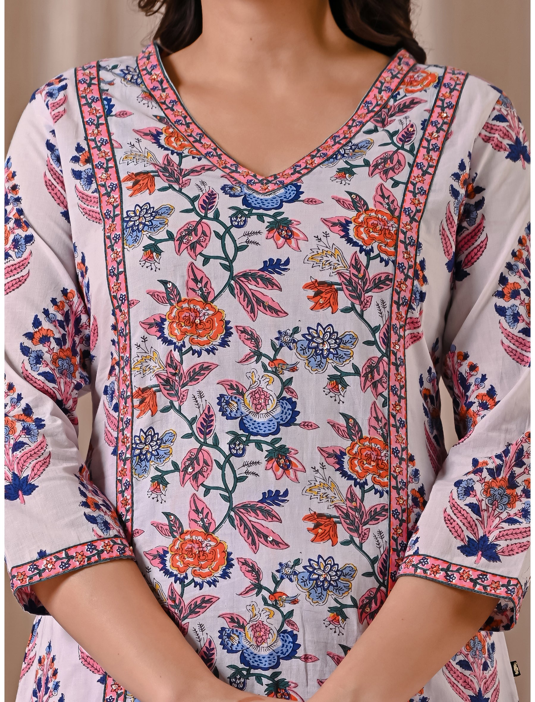 White Pink Jaal Block Printed Cotton Straight Fit Kurti