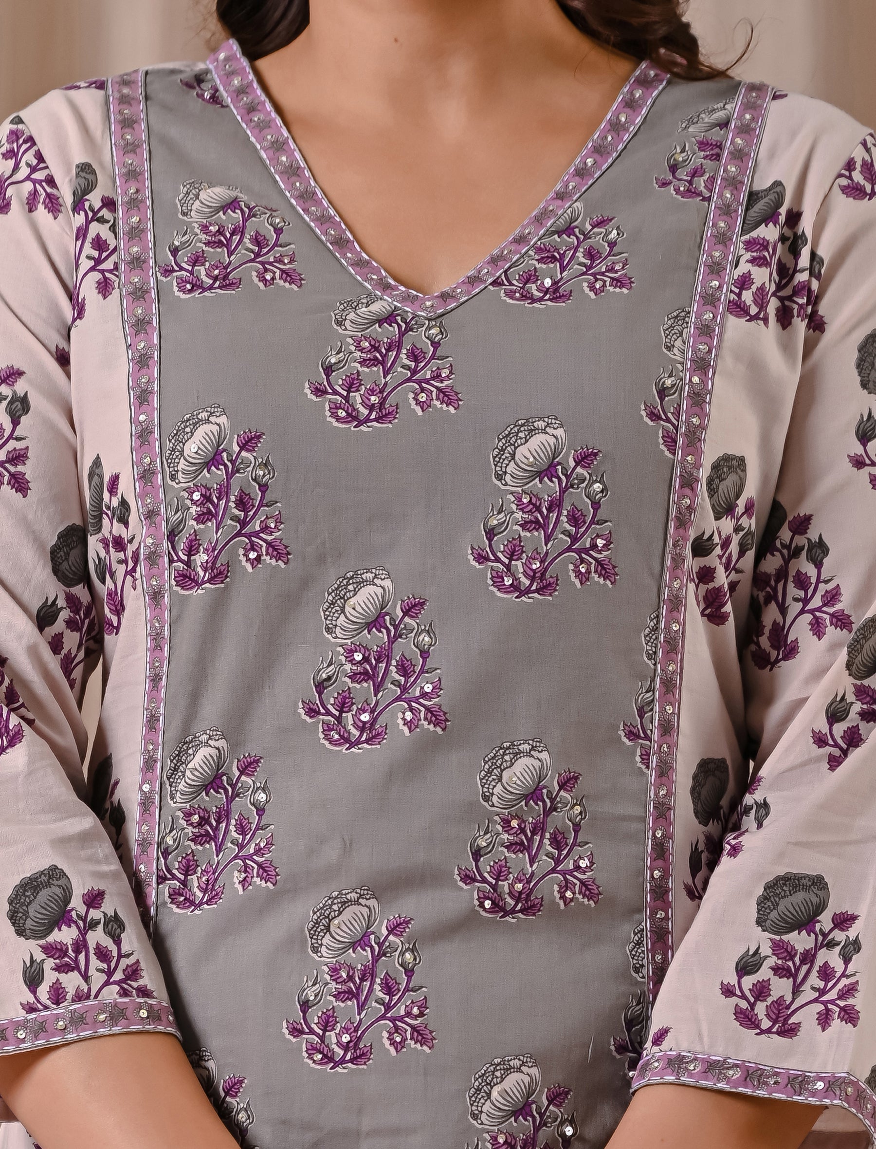White Grey Butta Block Printed Cotton Straight Fit Kurti