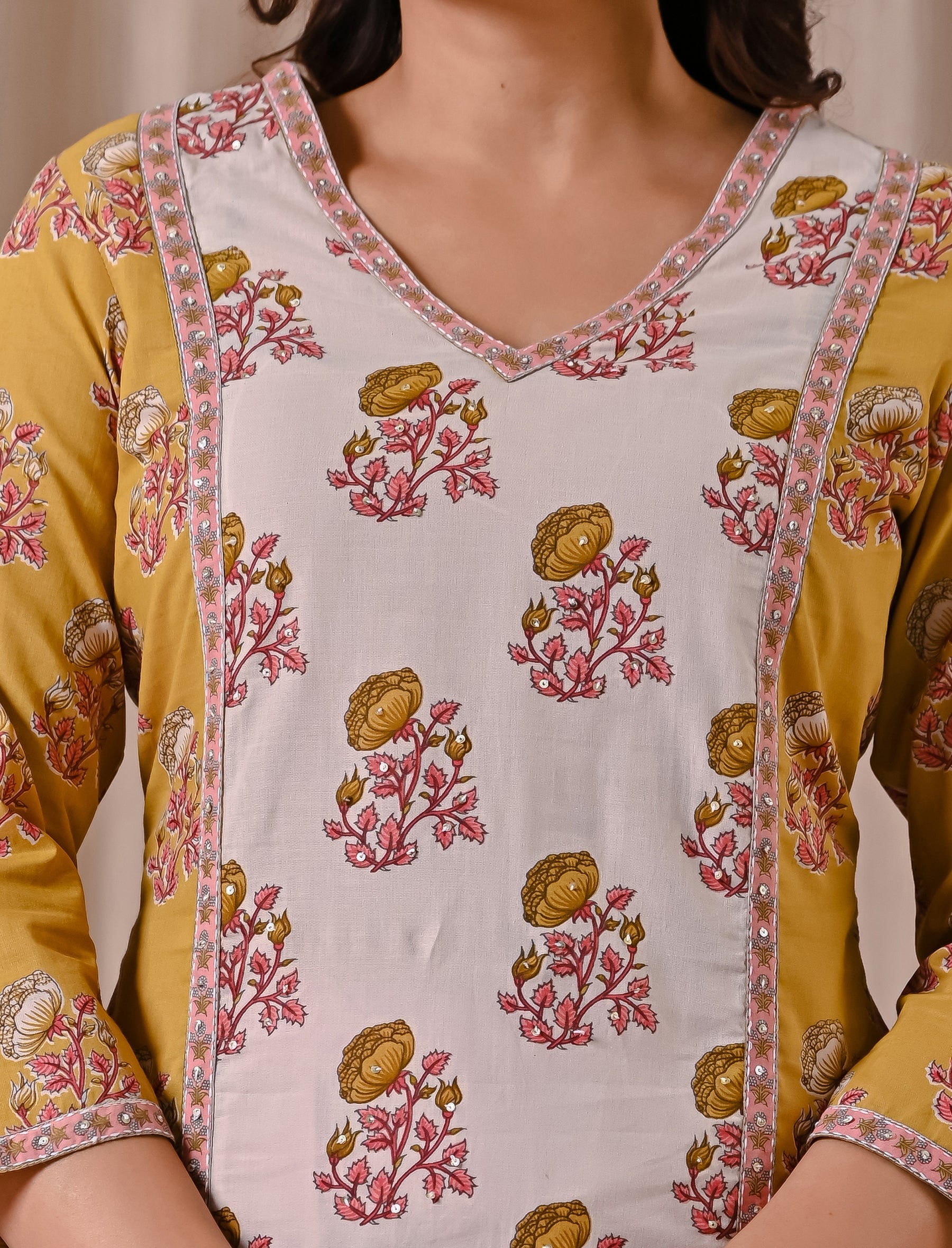 Yellow Butta Block Printed Cotton Straight Fit Kurti
