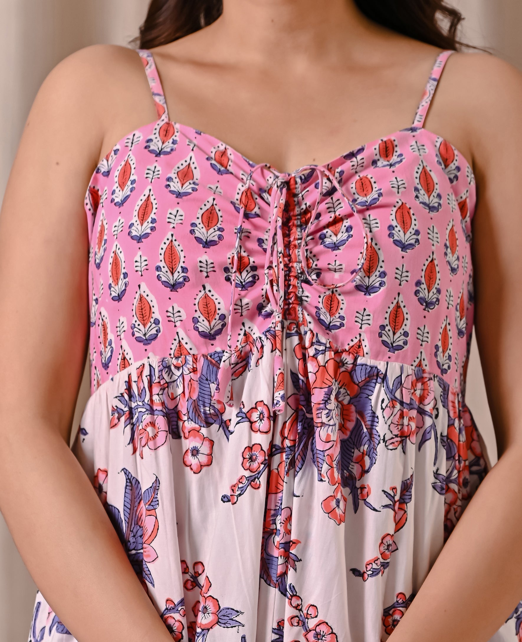 Pink White Spaghetti Strap Block Printed Cotton Dress