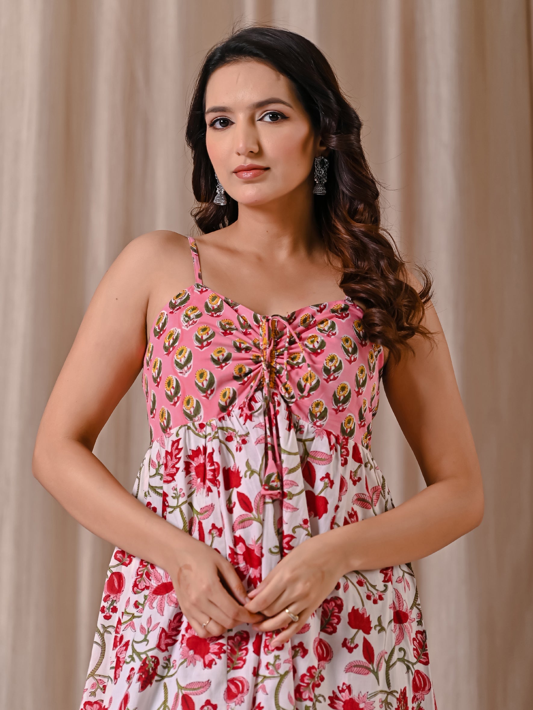 Peach White Spaghetti Strap Block Printed Cotton Dress
