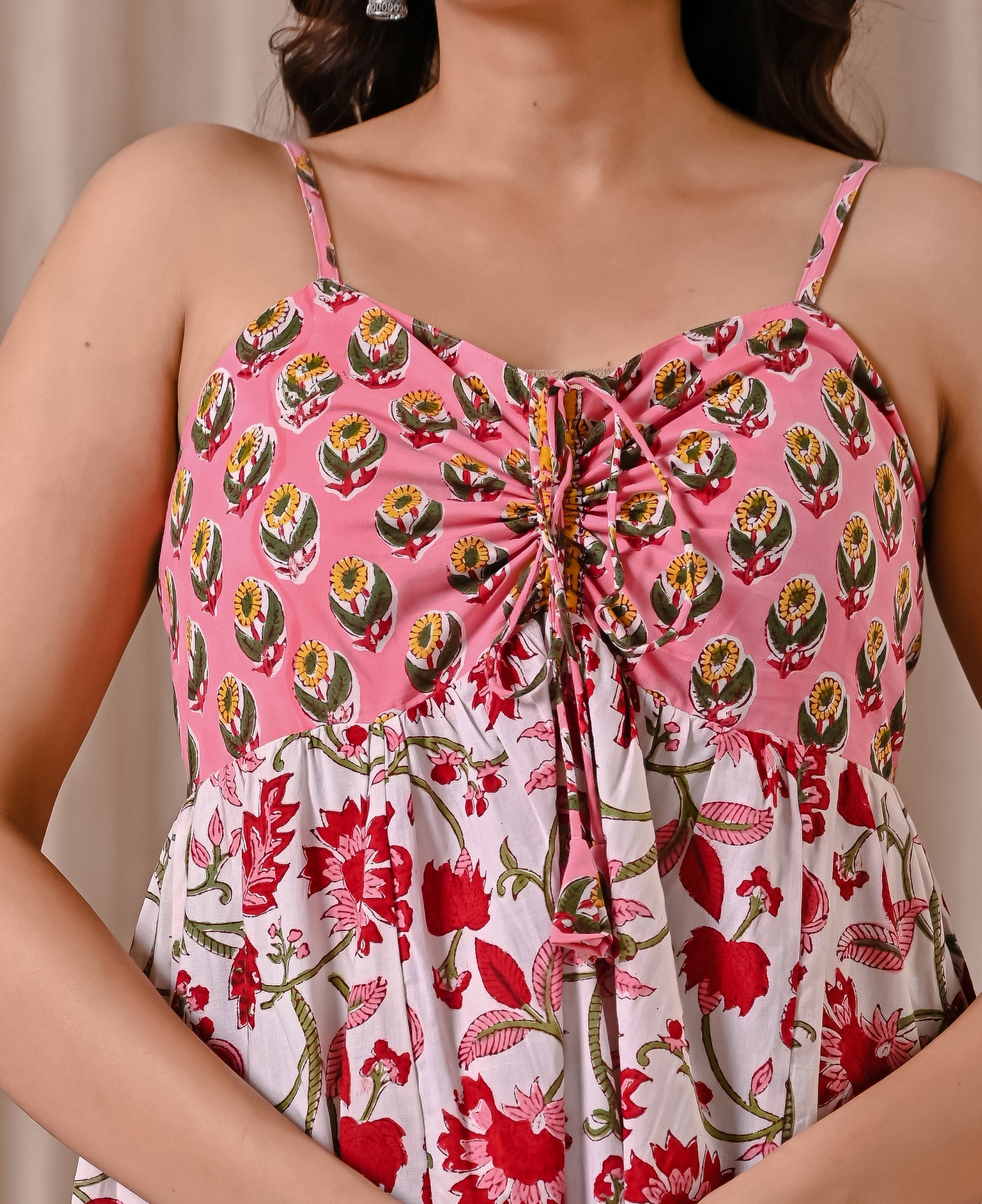 Peach White Spaghetti Strap Block Printed Cotton Dress