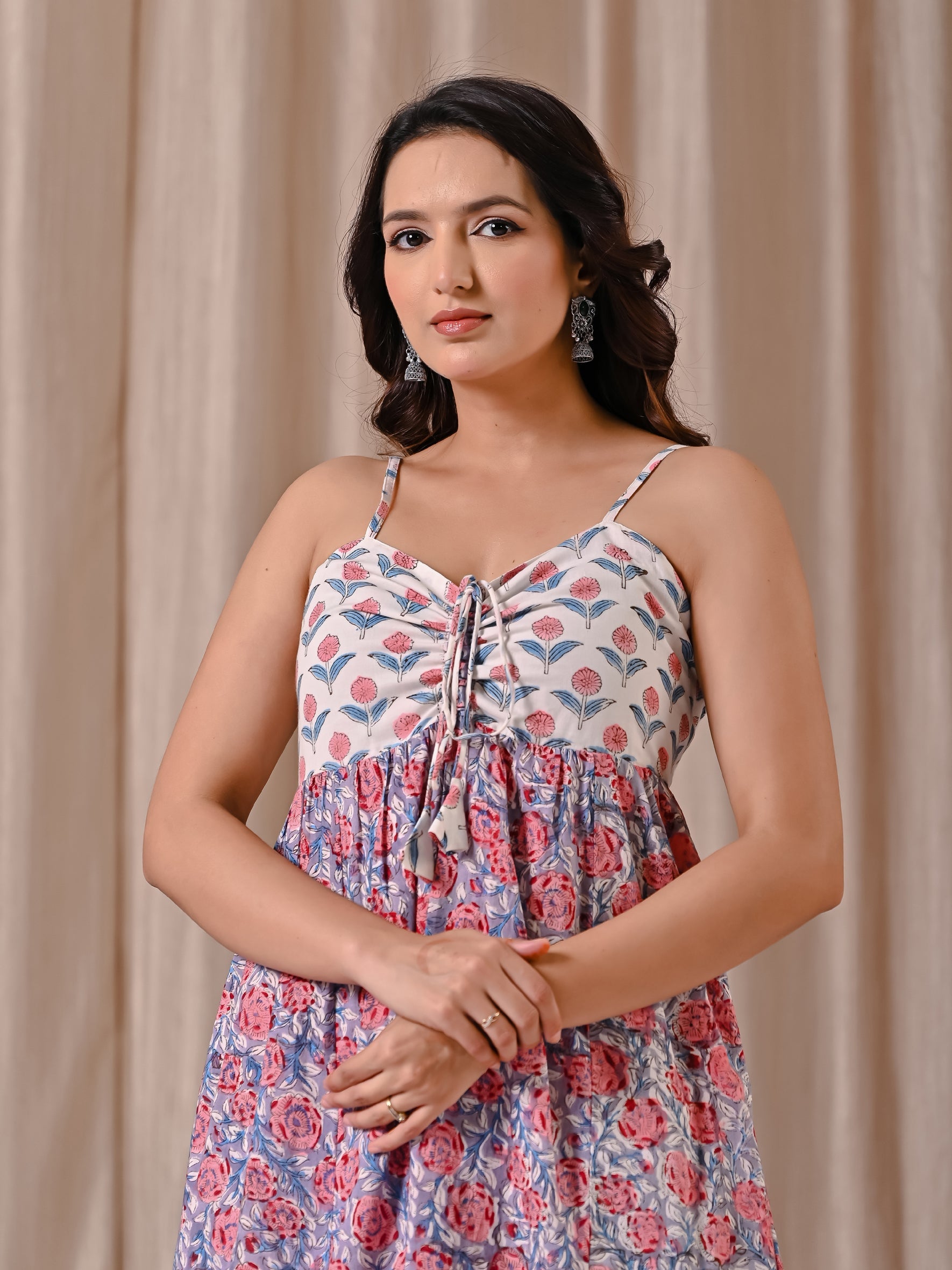 White Jaal Spaghetti Strap Block Printed Cotton Dress