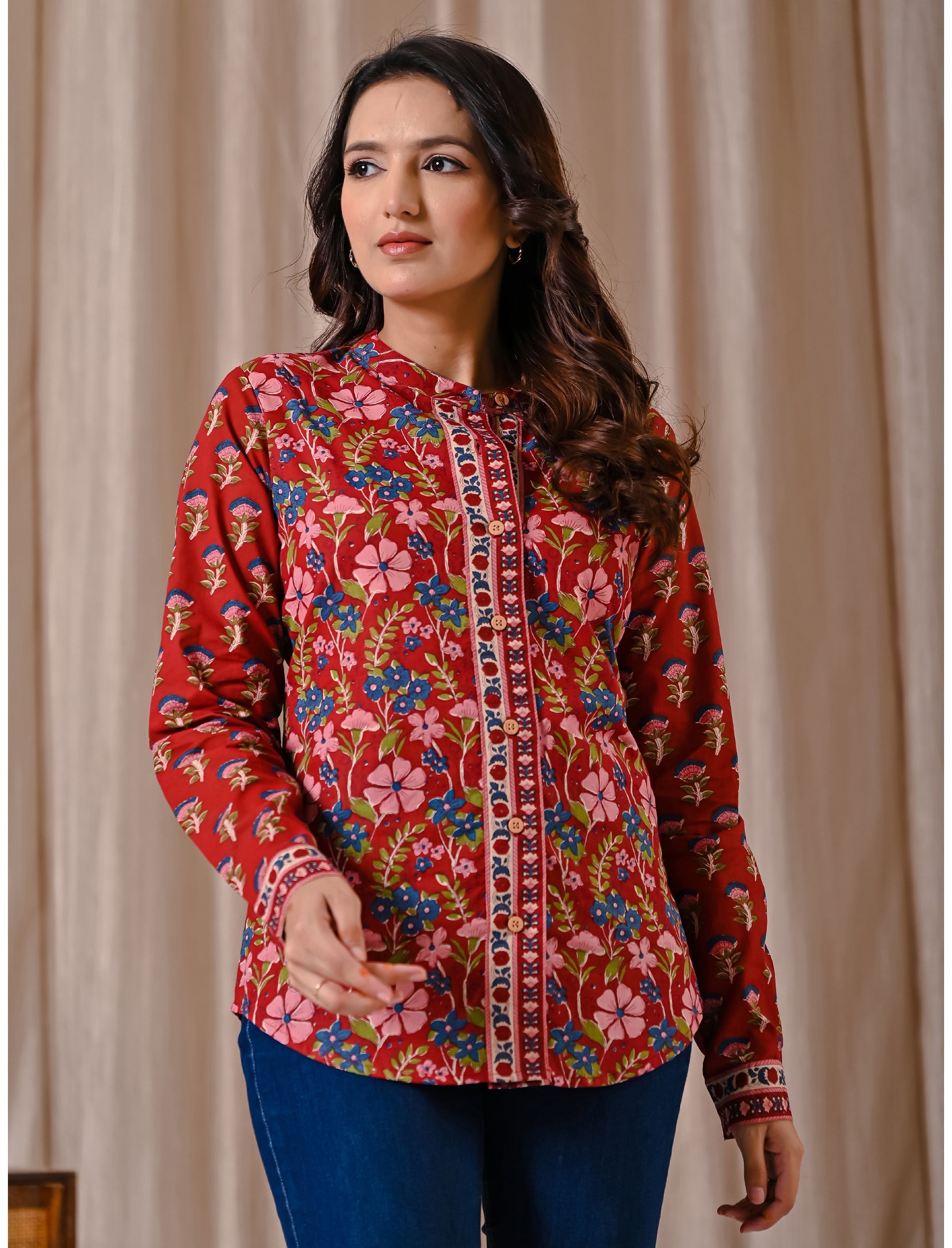 Deep Red Cotton Printed Top With Front Buttons