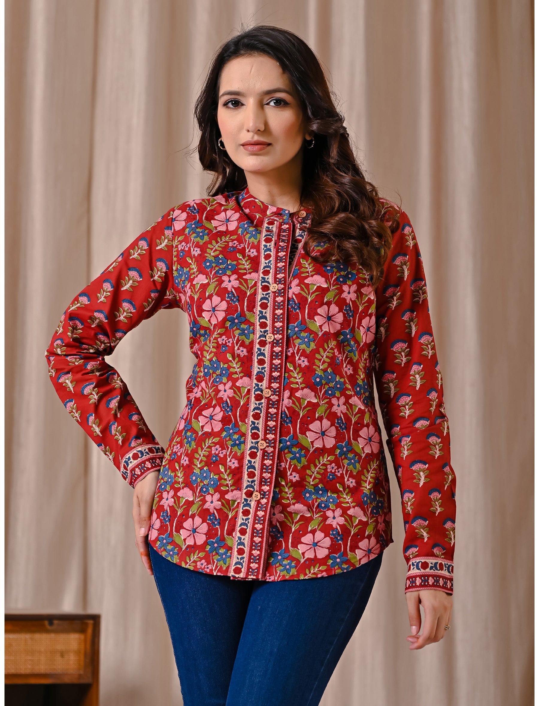 Deep Red Cotton Printed Top With Front Buttons