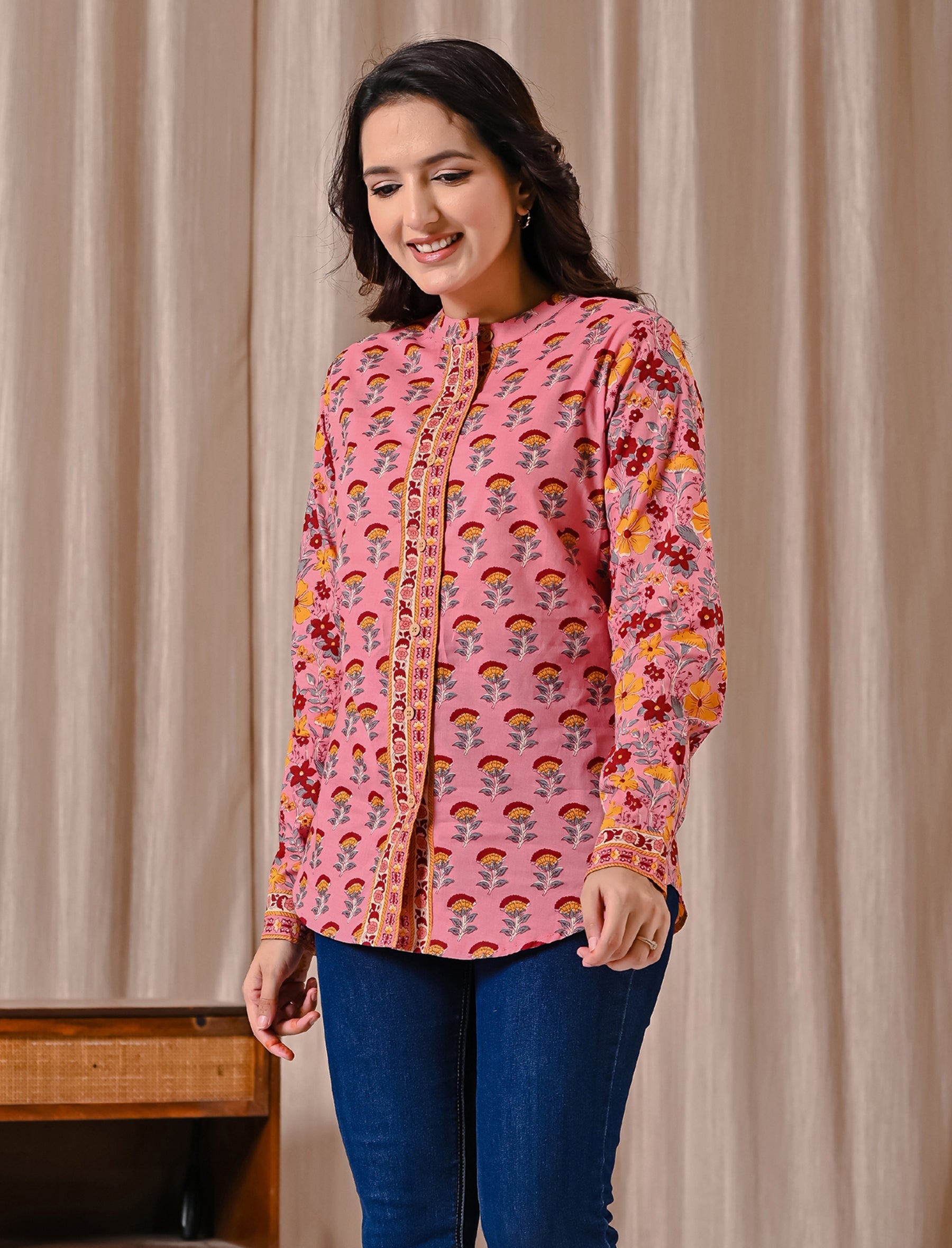 Deep Pink Butta Cotton Printed Top With Front Buttons