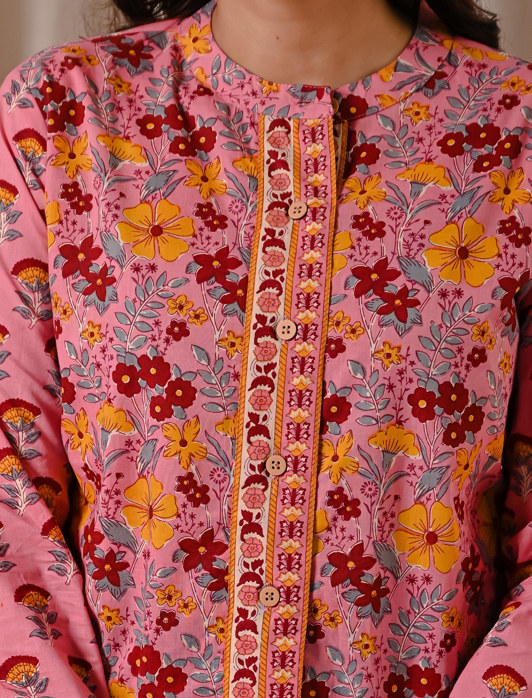 Deep Pink Jaal Cotton Printed Top With Front Buttons