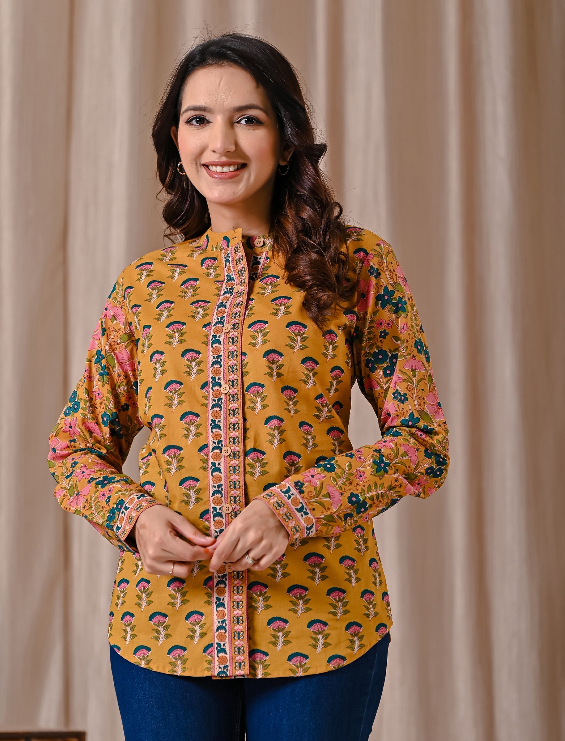 Deep Yellow Cotton Printed Top With Front Buttons