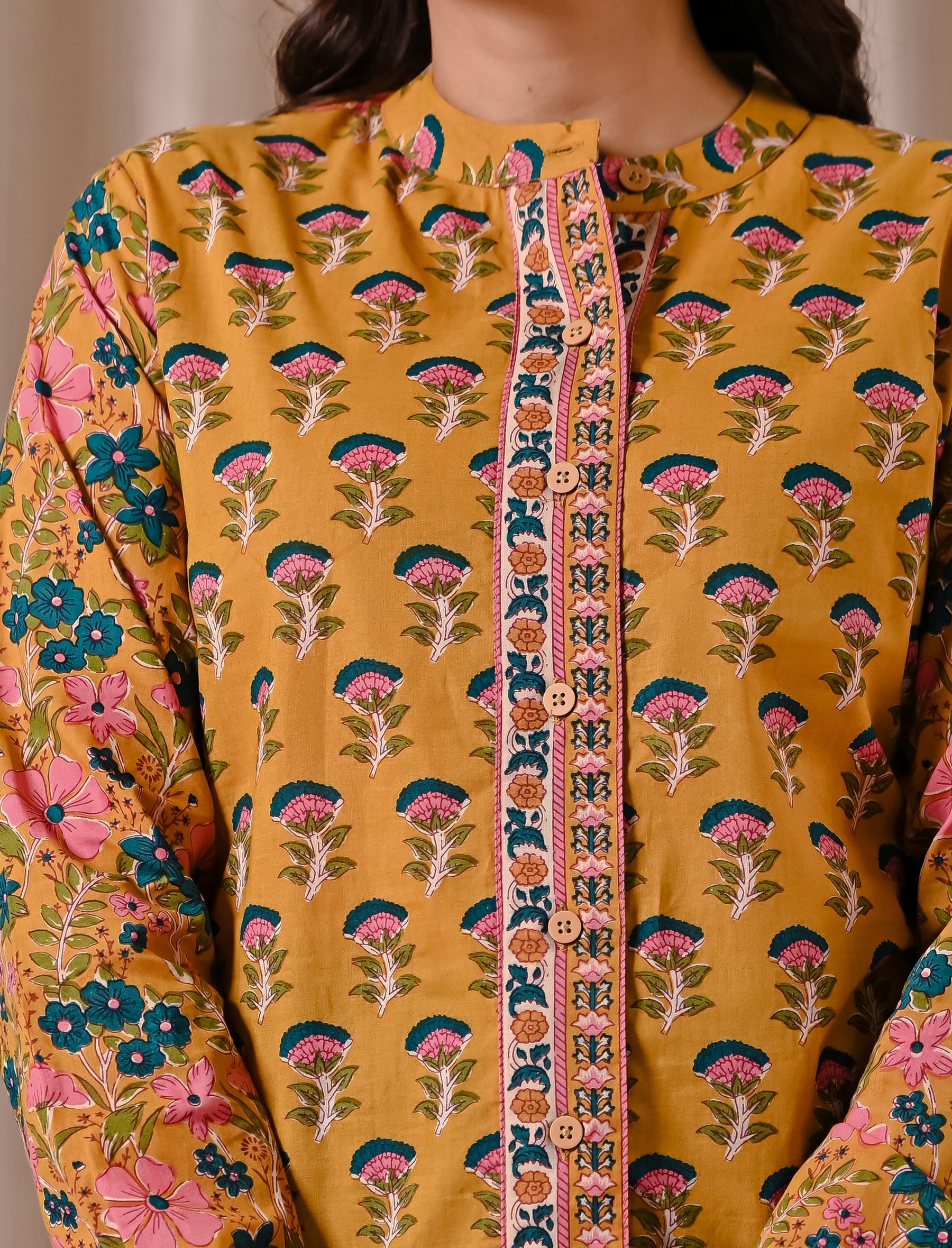 Deep Yellow Cotton Printed Top With Front Buttons