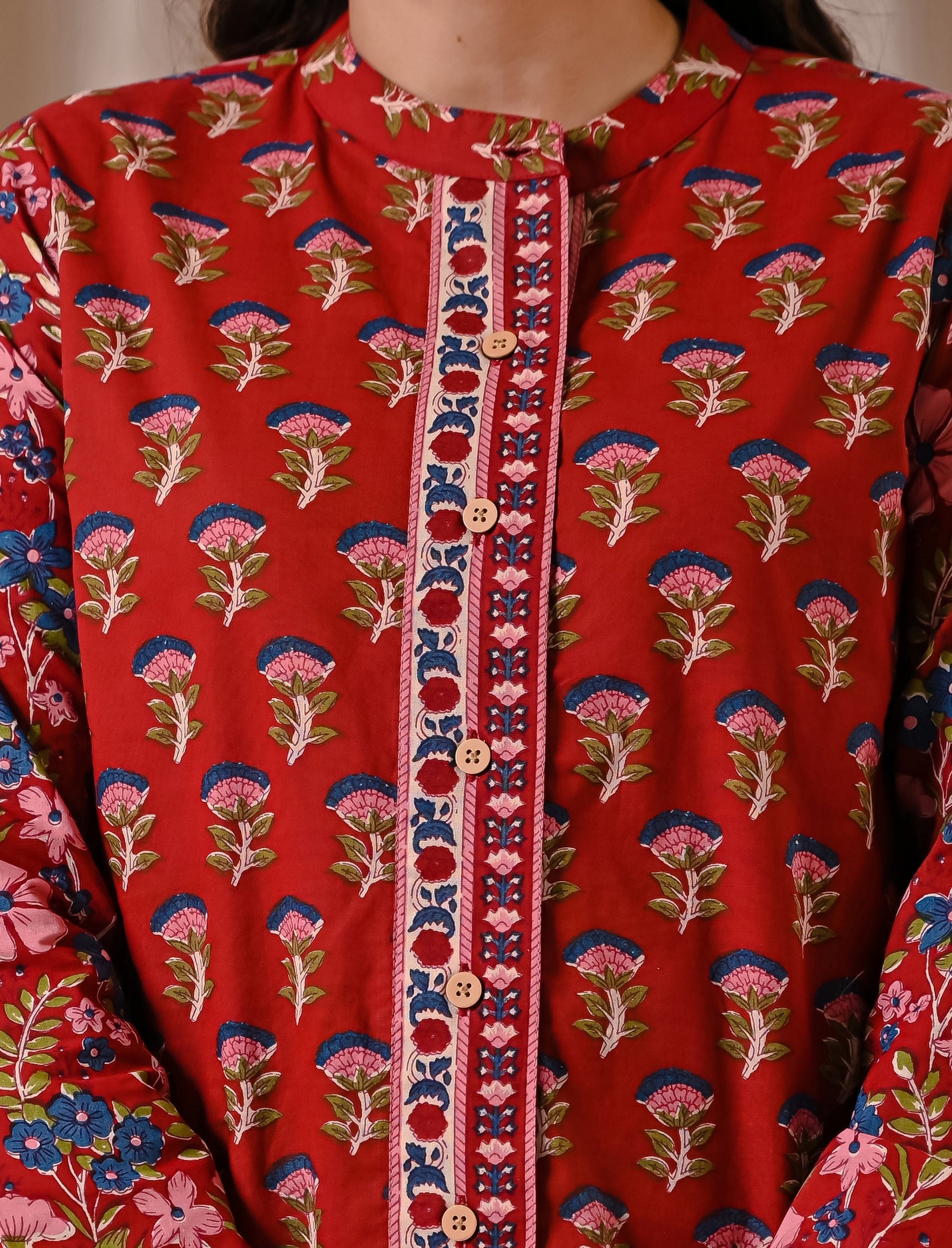 Deep Red Butta Cotton Printed Top With Front Buttons