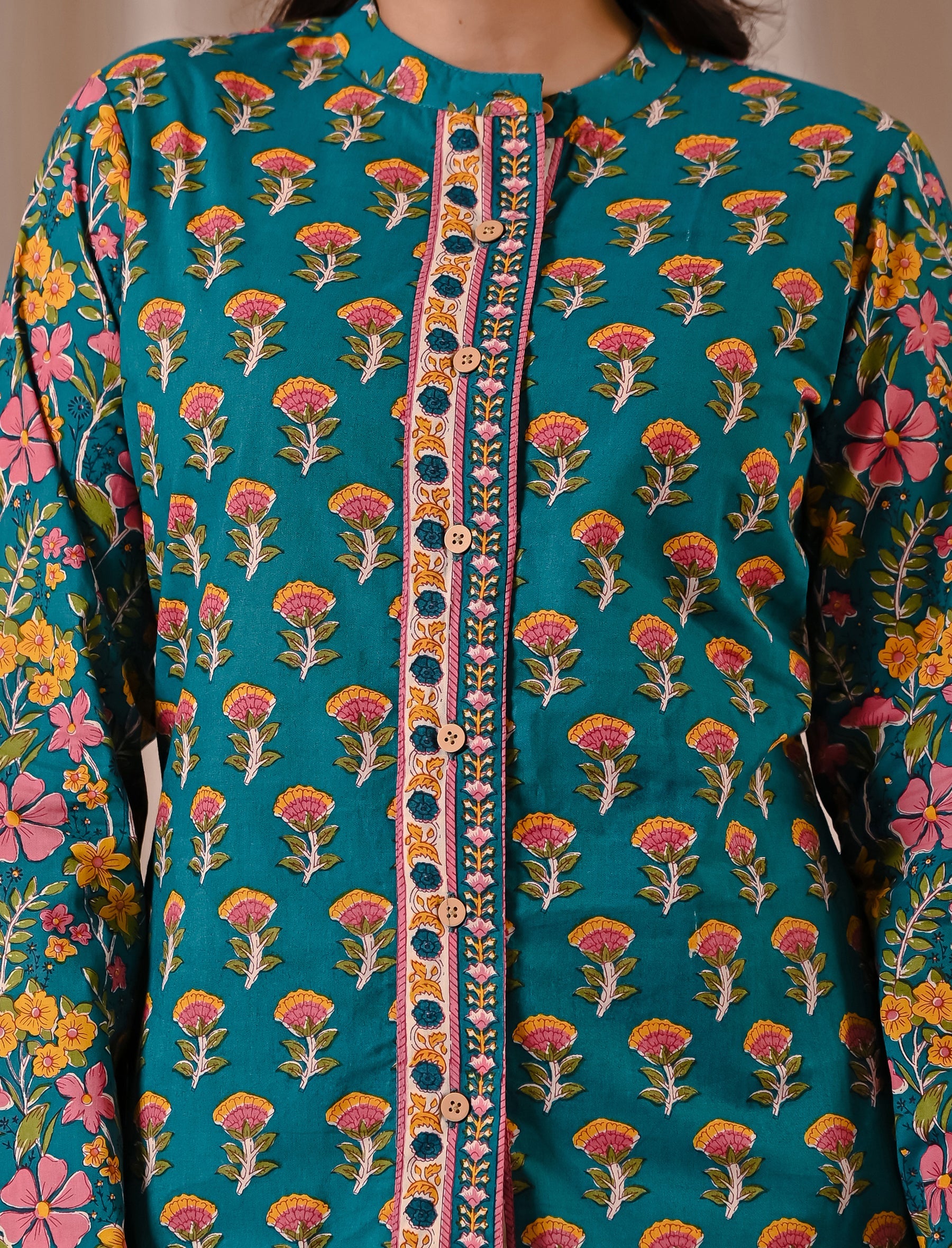 Deep Green Butta Cotton Printed Top With Front Buttons