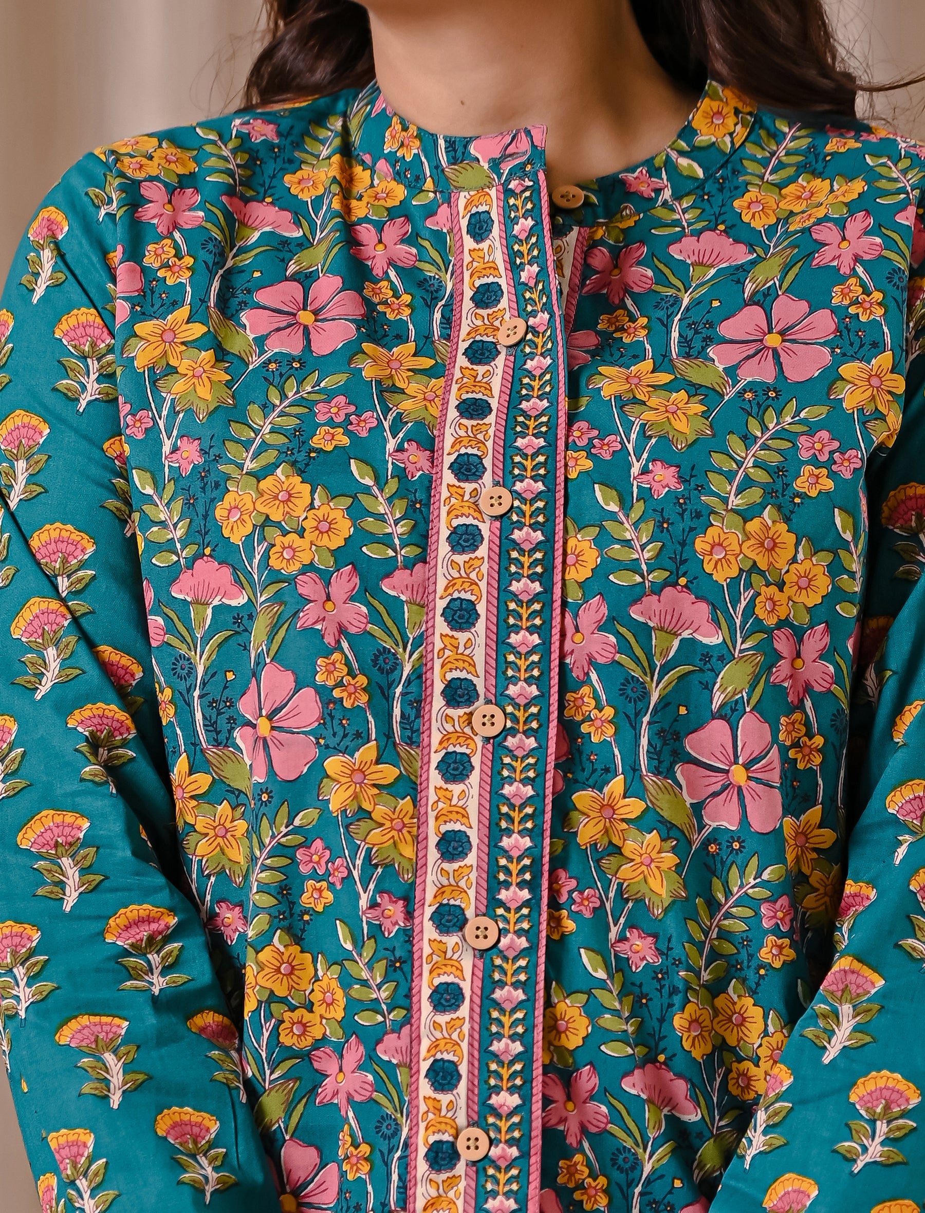 Deep Green Jaal Cotton Printed Top With Front Buttons