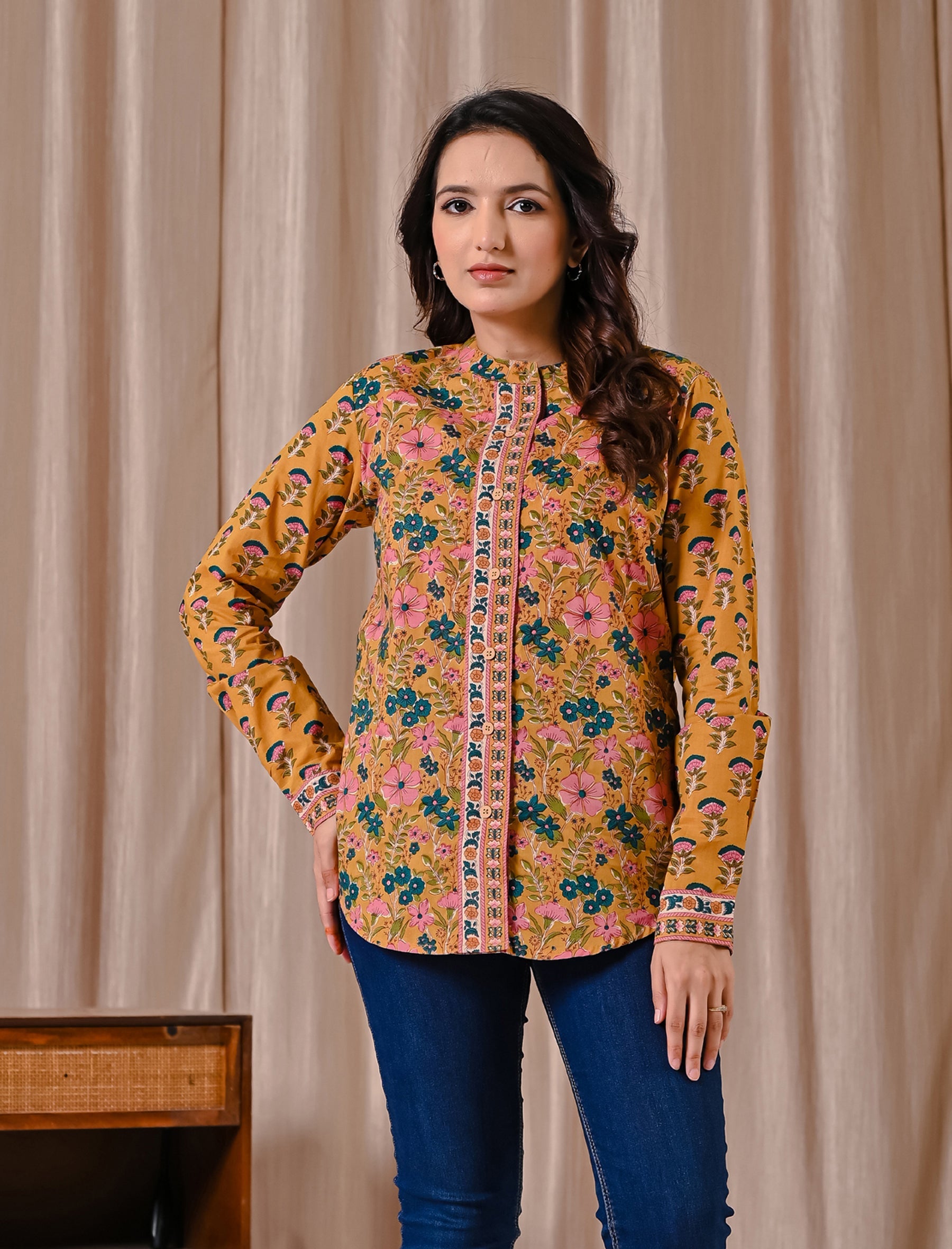 Deep Yellow Jaal Cotton Printed Top With Front Buttons
