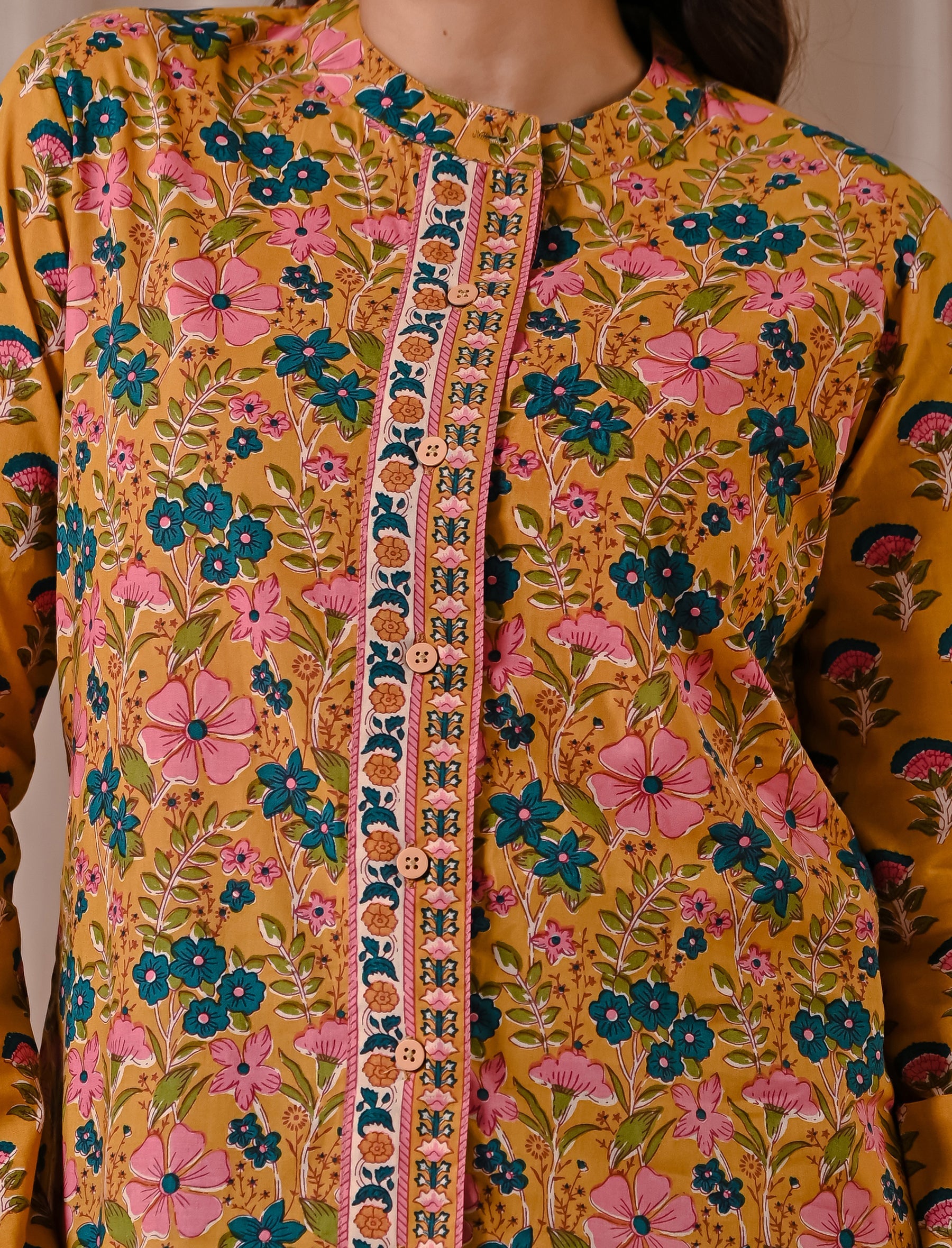 Deep Yellow Jaal Cotton Printed Top With Front Buttons