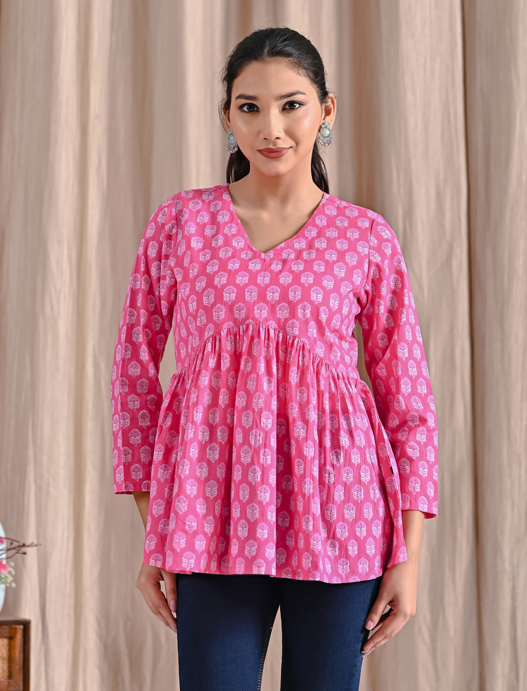 Pink Jaipuri Block Printed Cotton Peplum Top