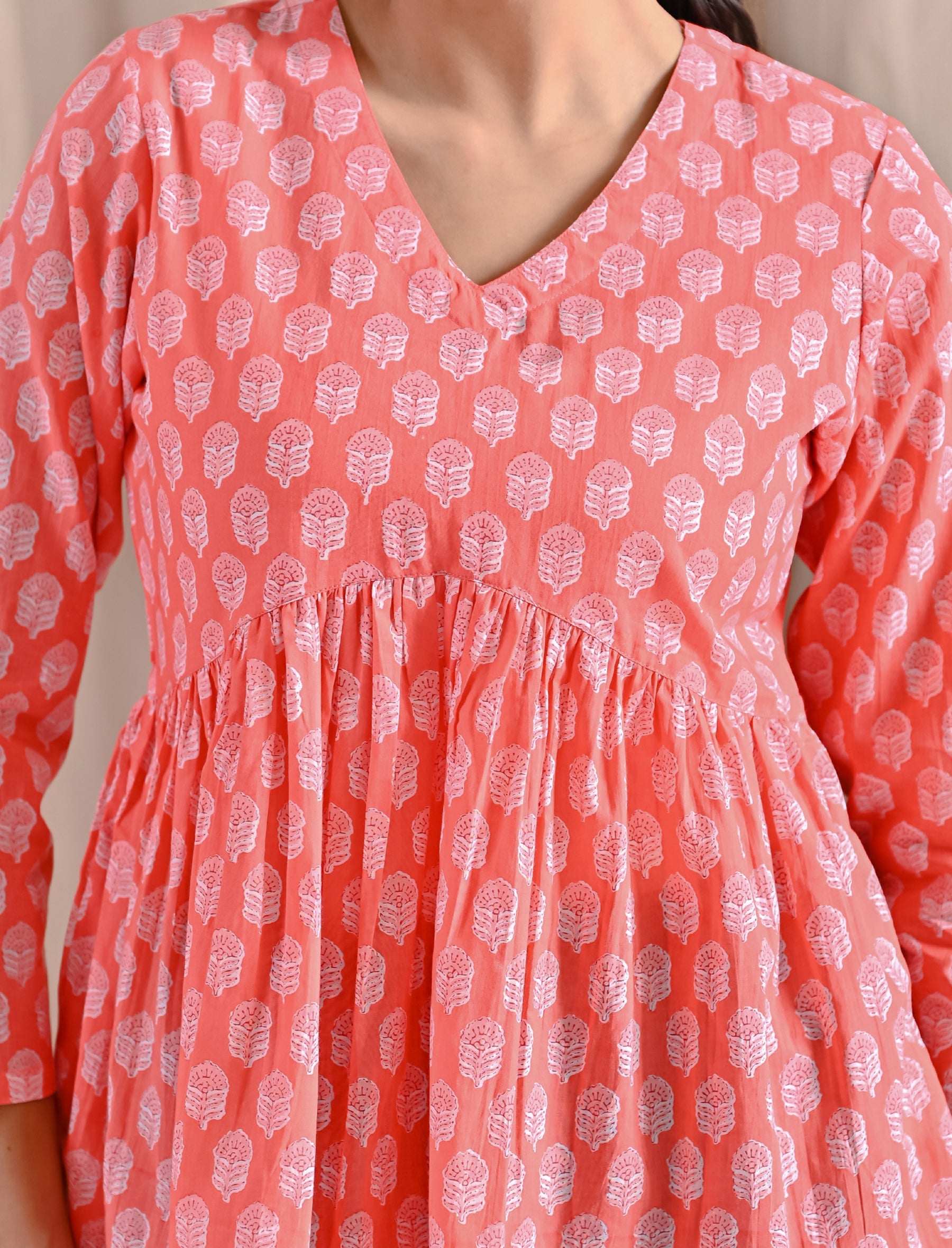 Peach Jaipuri Block Printed Cotton Peplum Top