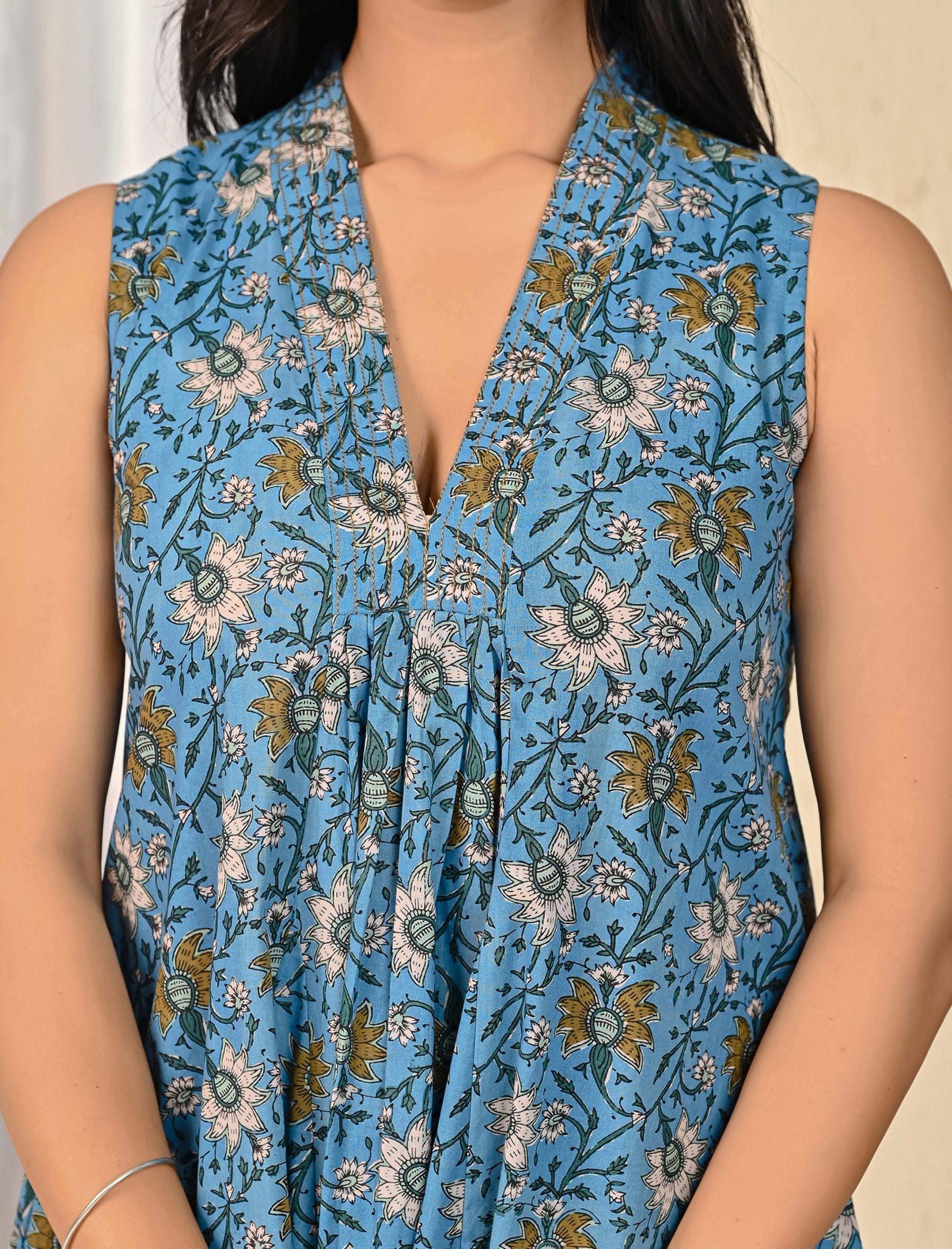 Blue Jaal Cotton Printed V Neck Long Dress