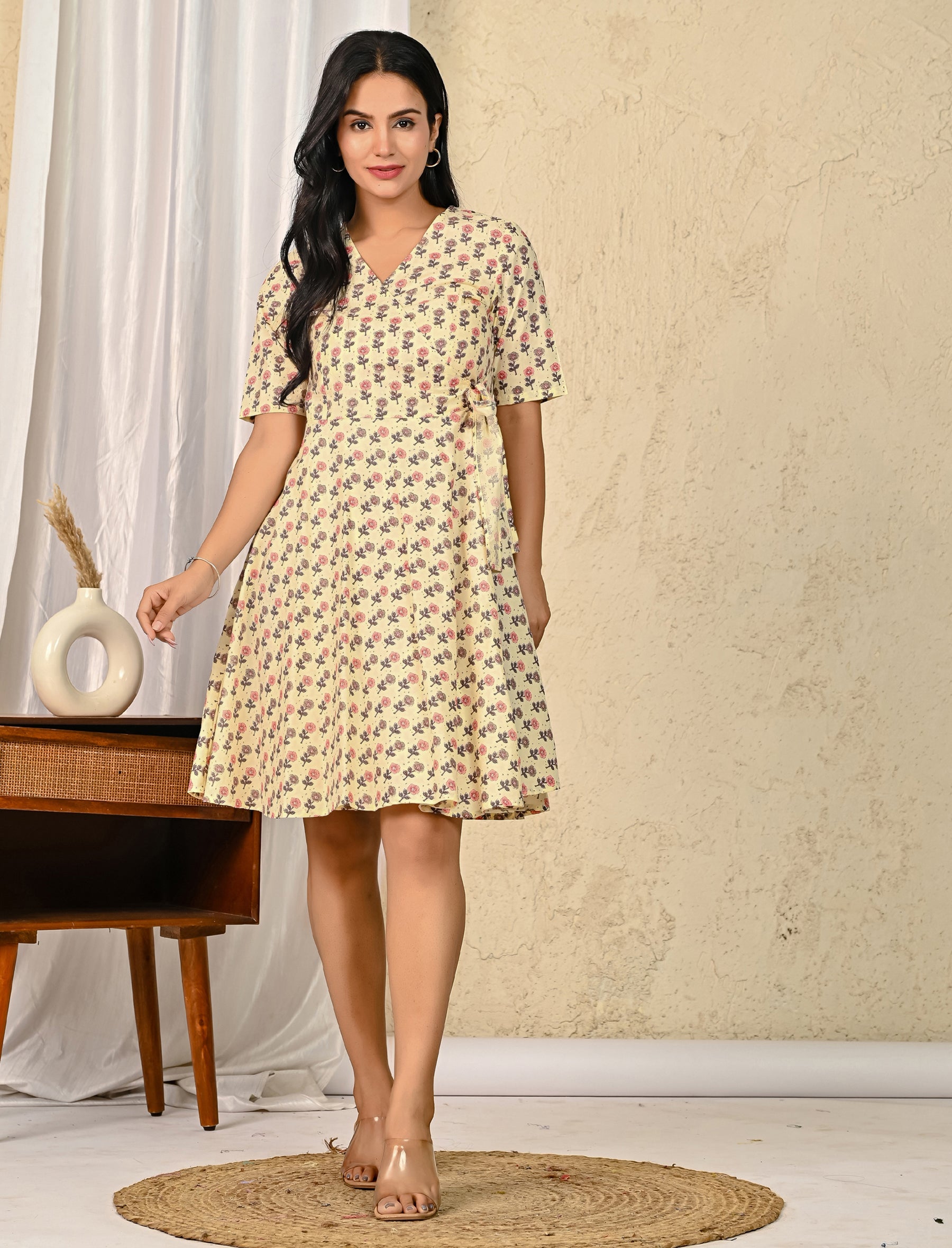 Cream Butta Cotton Printed Wrap Dress