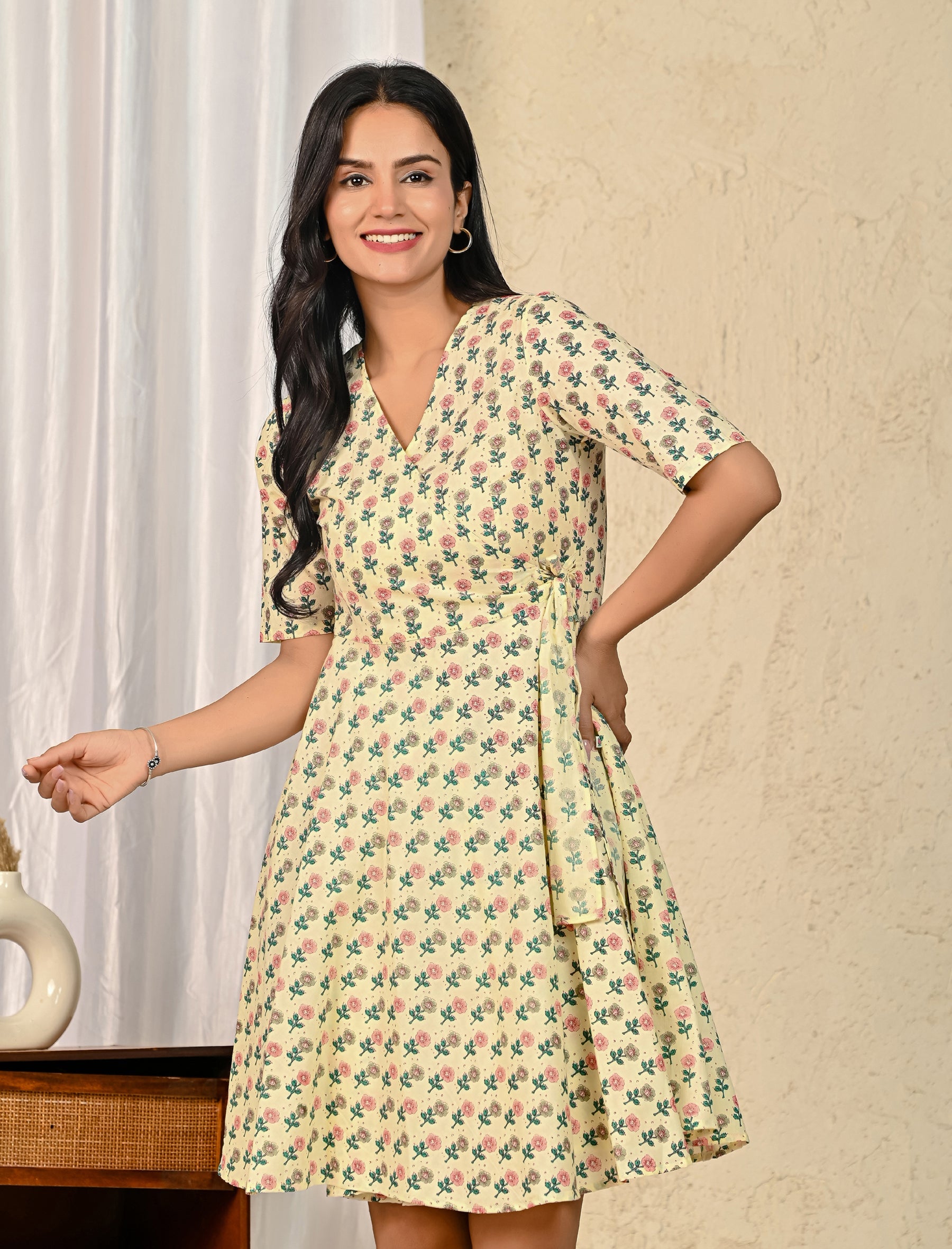 Pastel Butta Cotton Printed Wrap Dress
