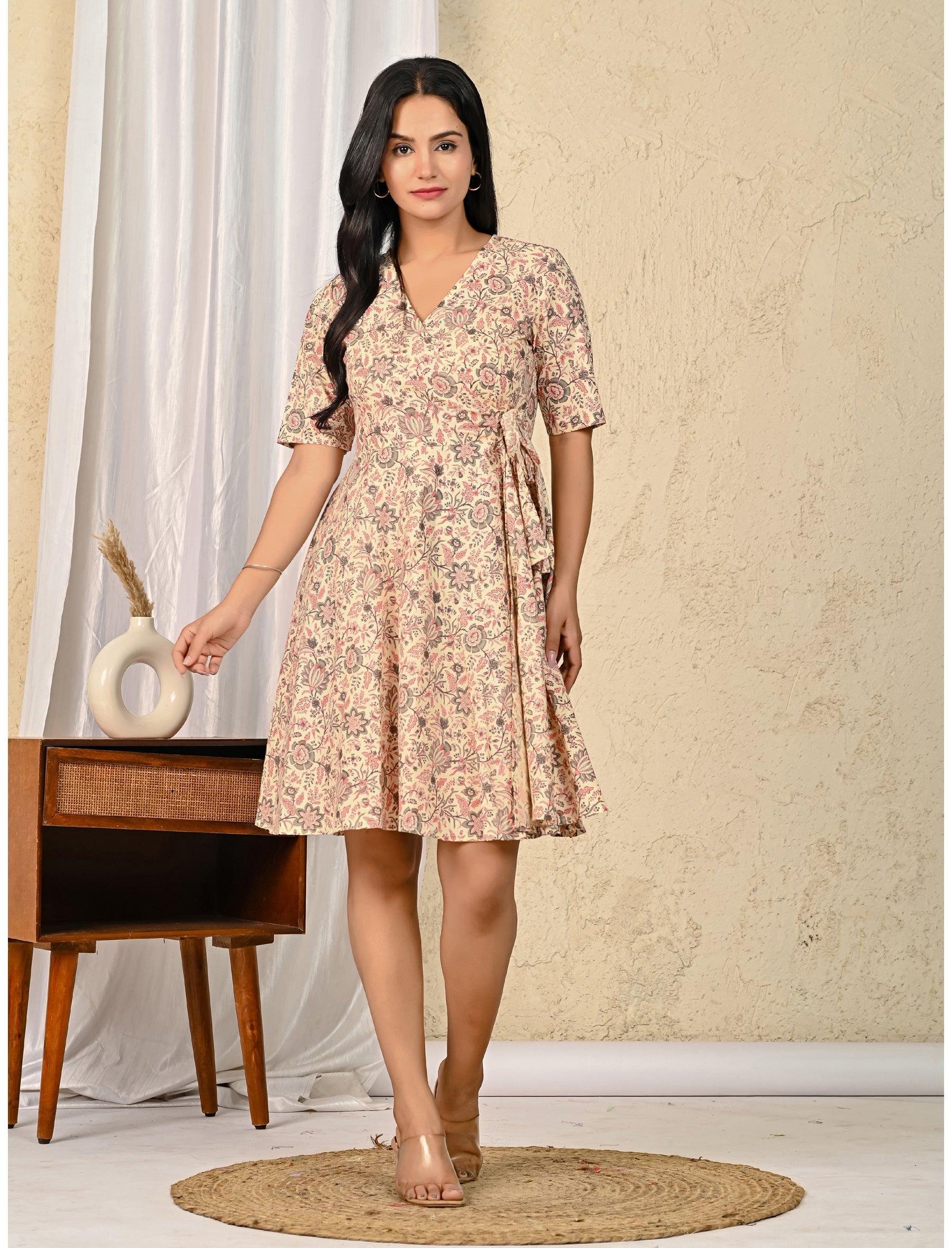 Cream Jaal Cotton Printed Wrap Dress