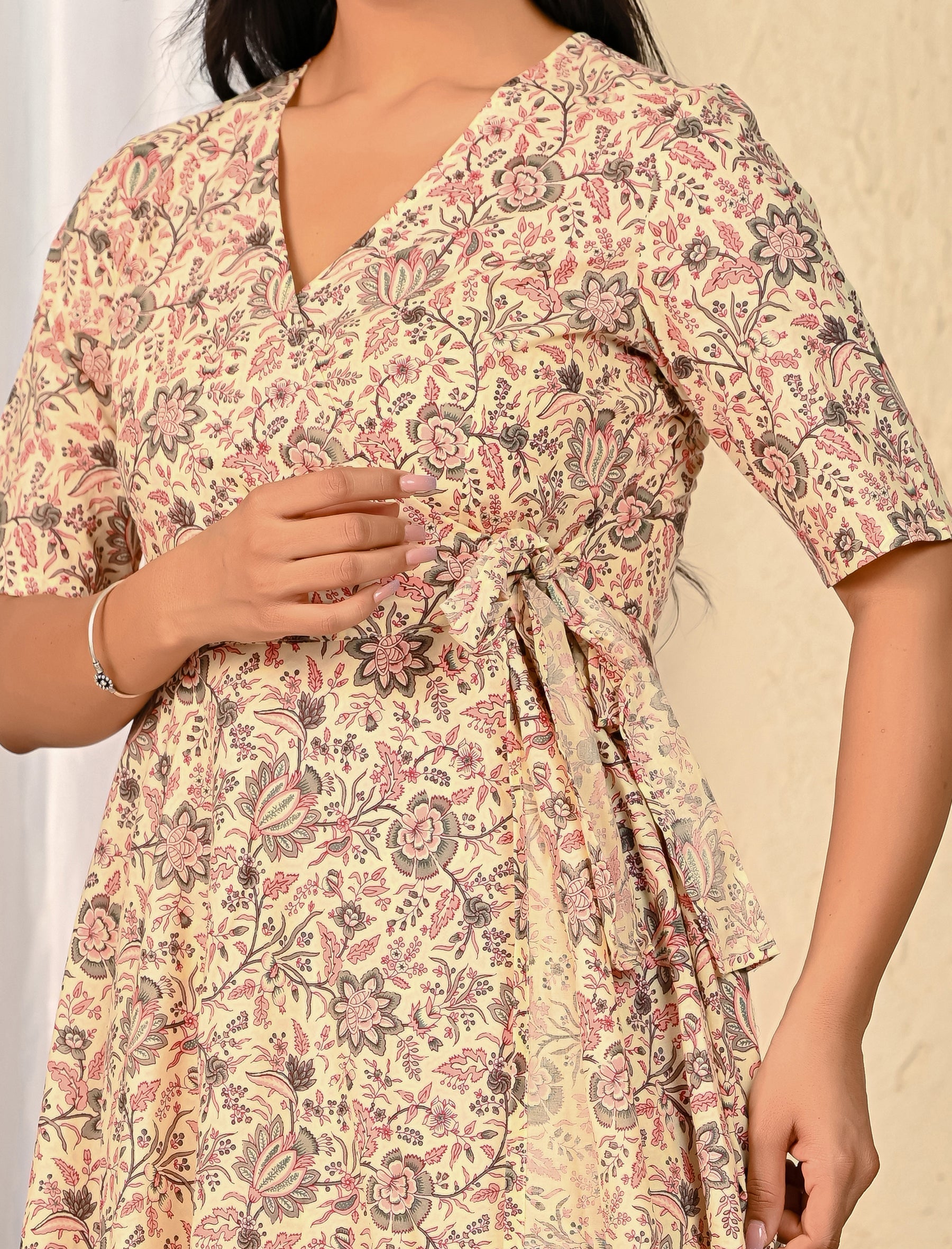 Cream Jaal Cotton Printed Wrap Dress
