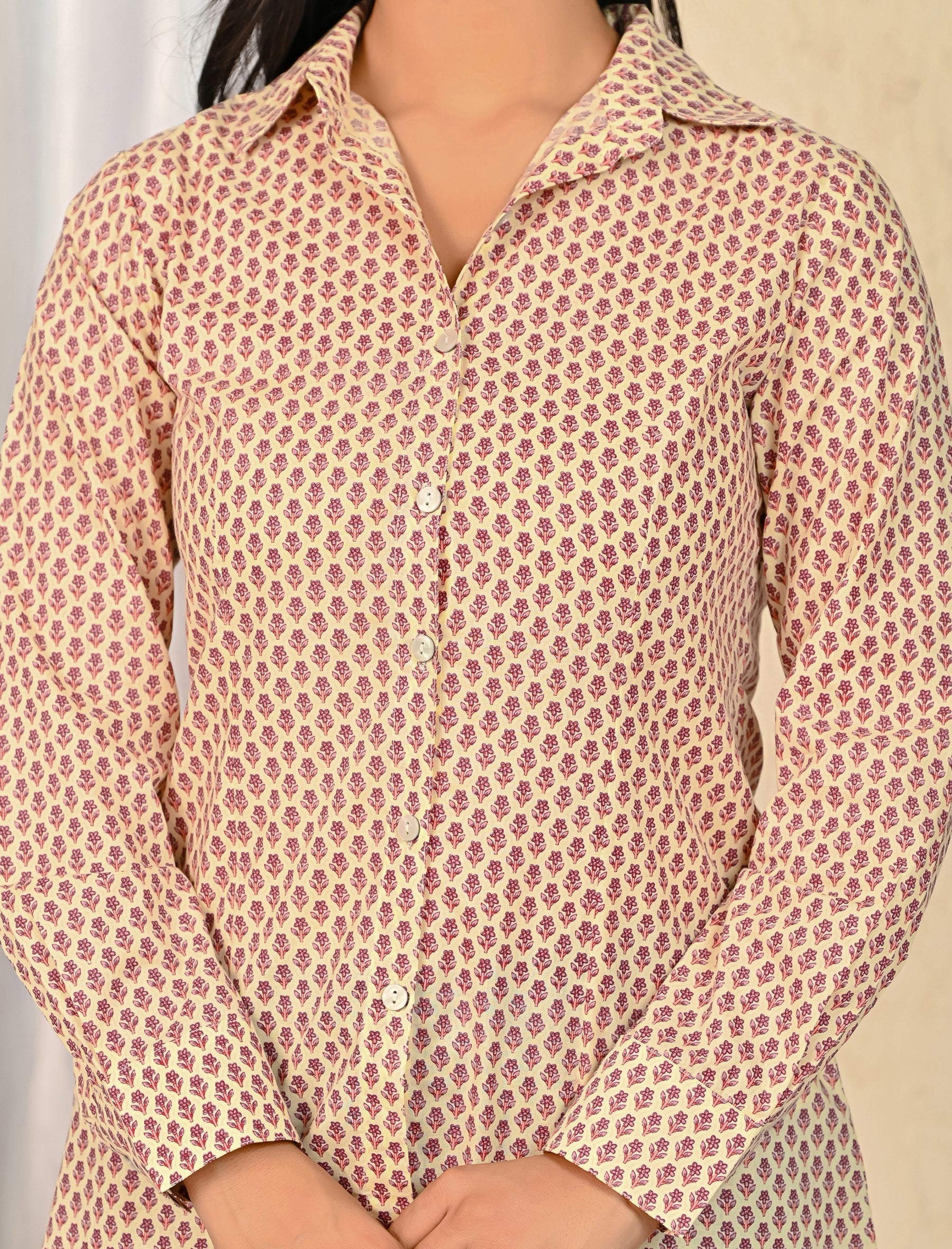 Cream Cotton Printed Full Sleeves Shirt For Women