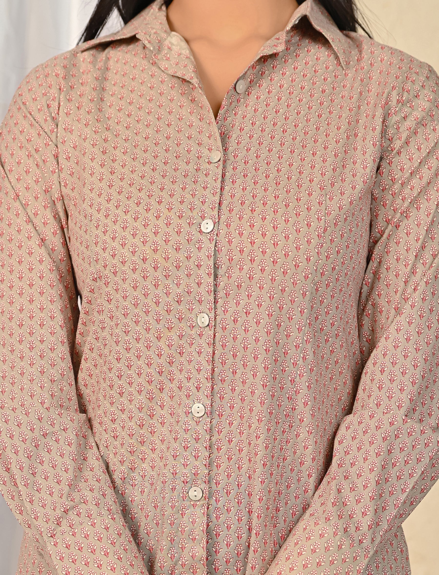Grey Cotton Printed Full Sleeves Shirt For Women