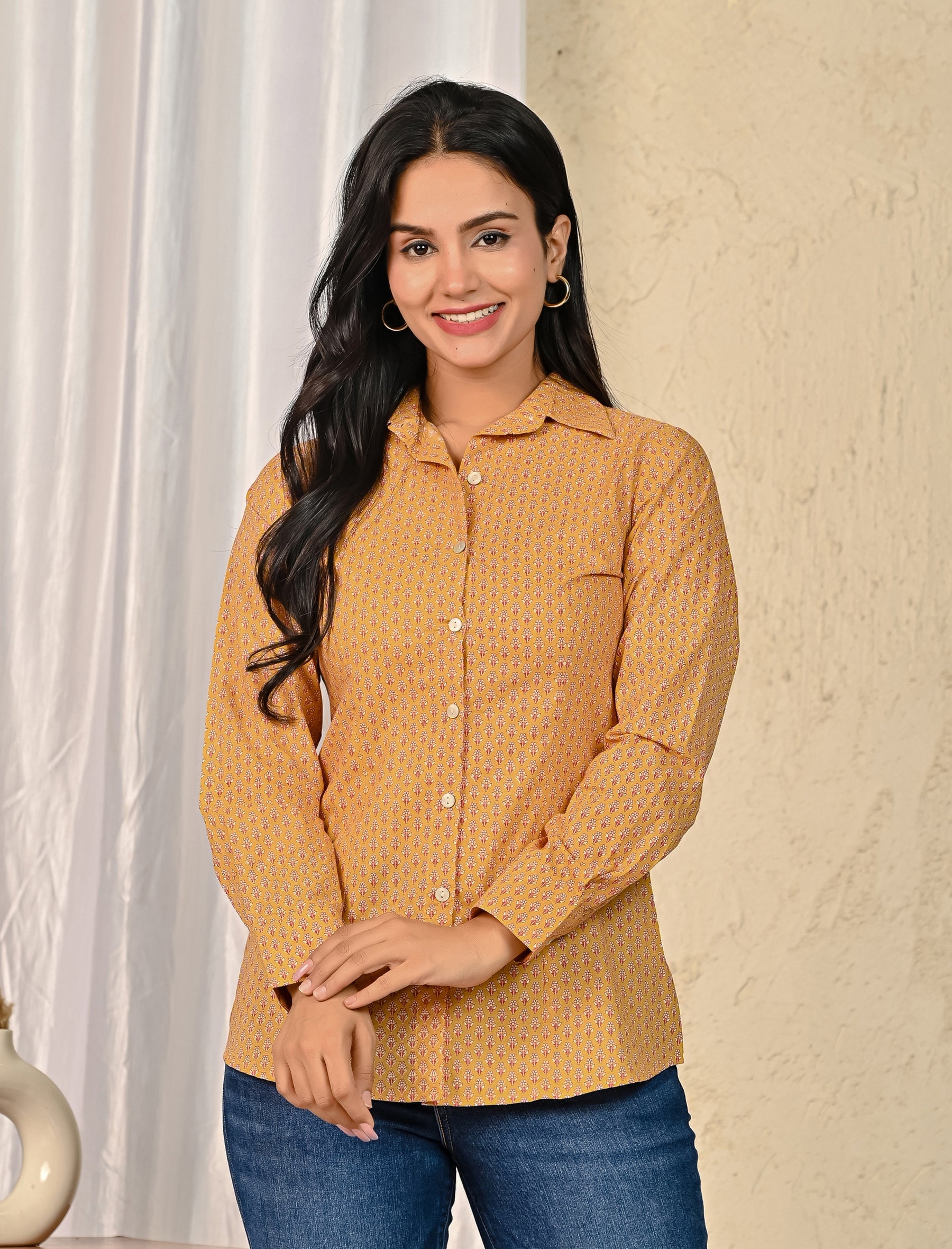 Yellow Cotton Printed Full Sleeves Shirt For Women