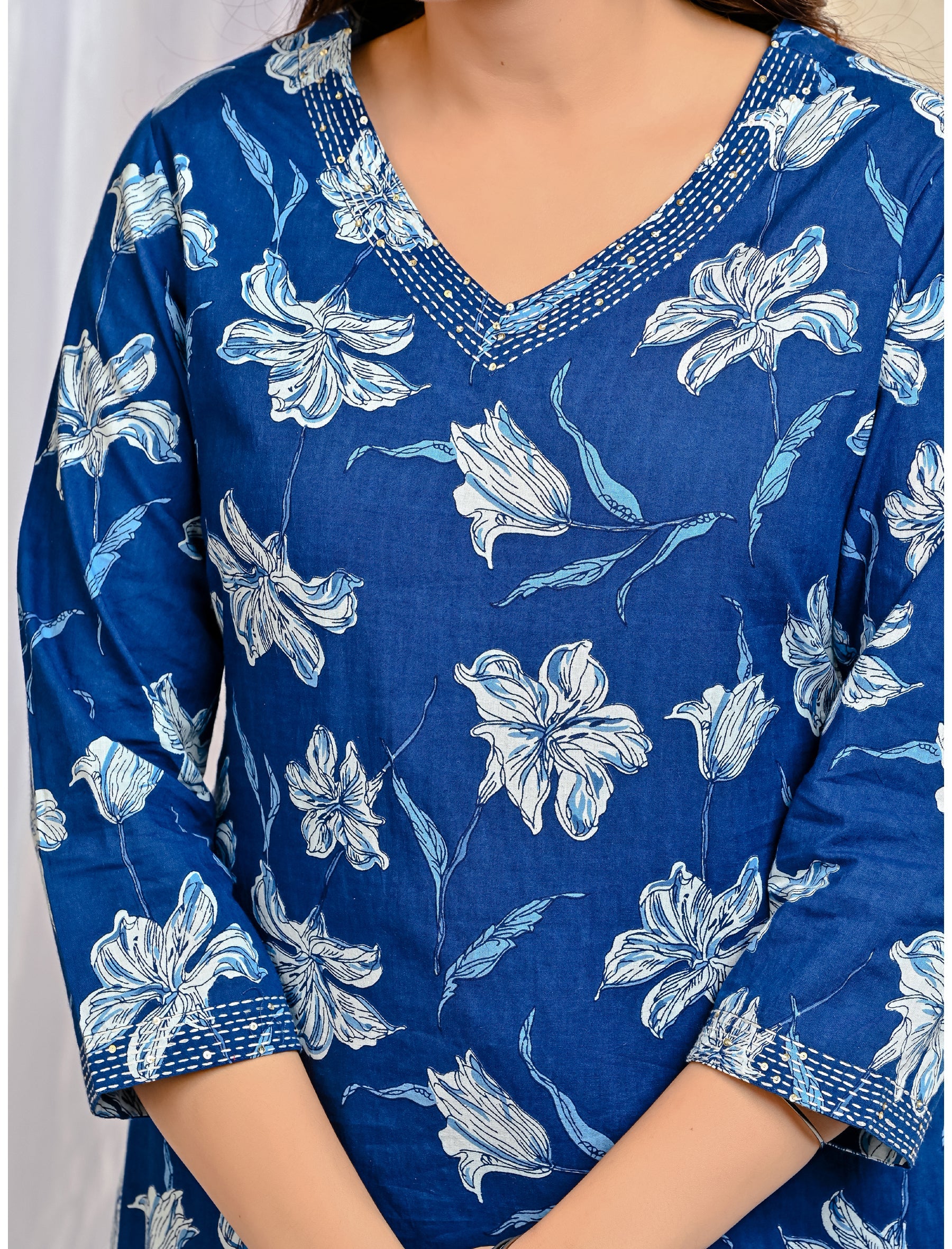 Blue Block Printed Cotton Kurta Pant Set With Mulmul Dupatta