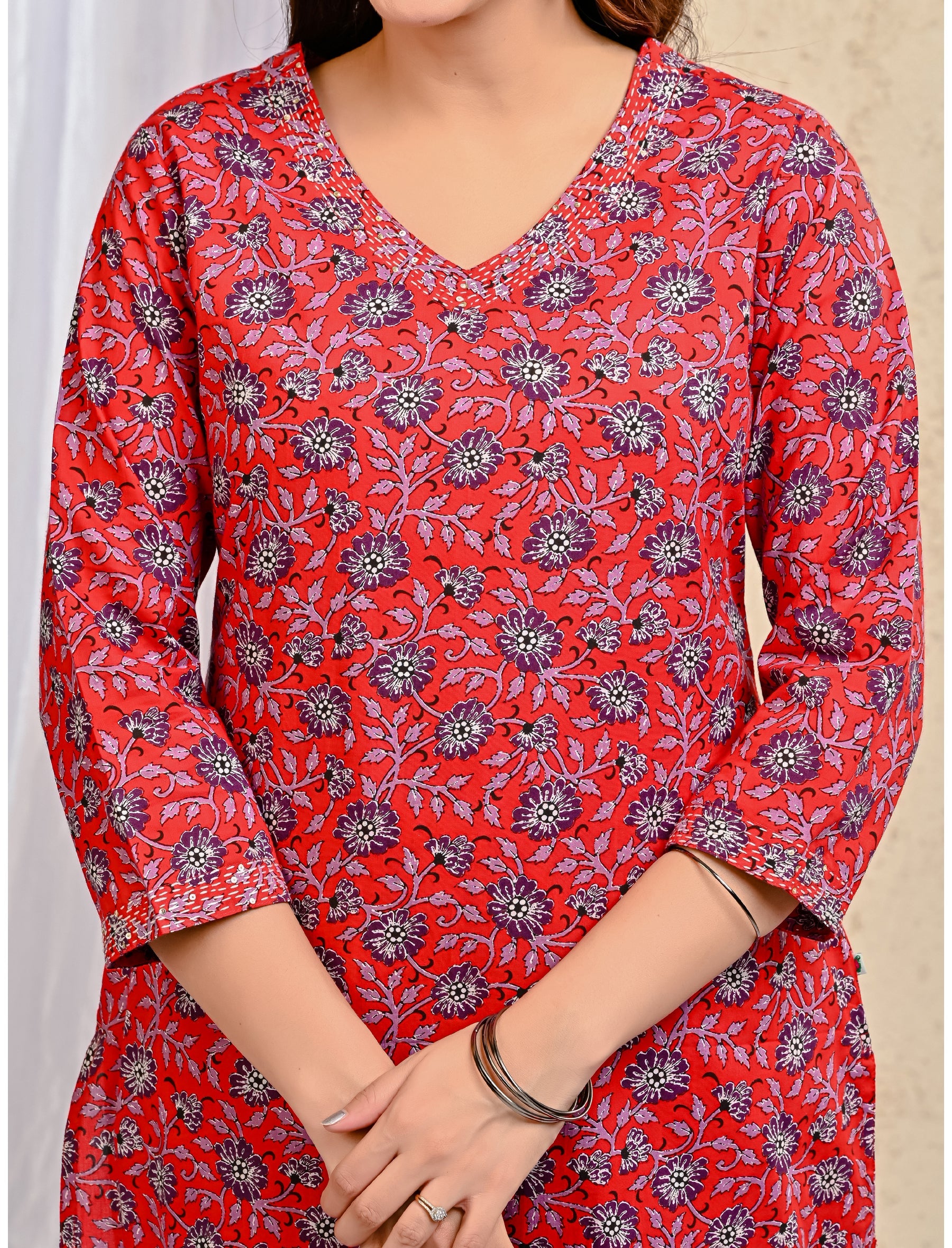 Red Block Printed Cotton Kurta Pant Set With Mulmul Dupatta