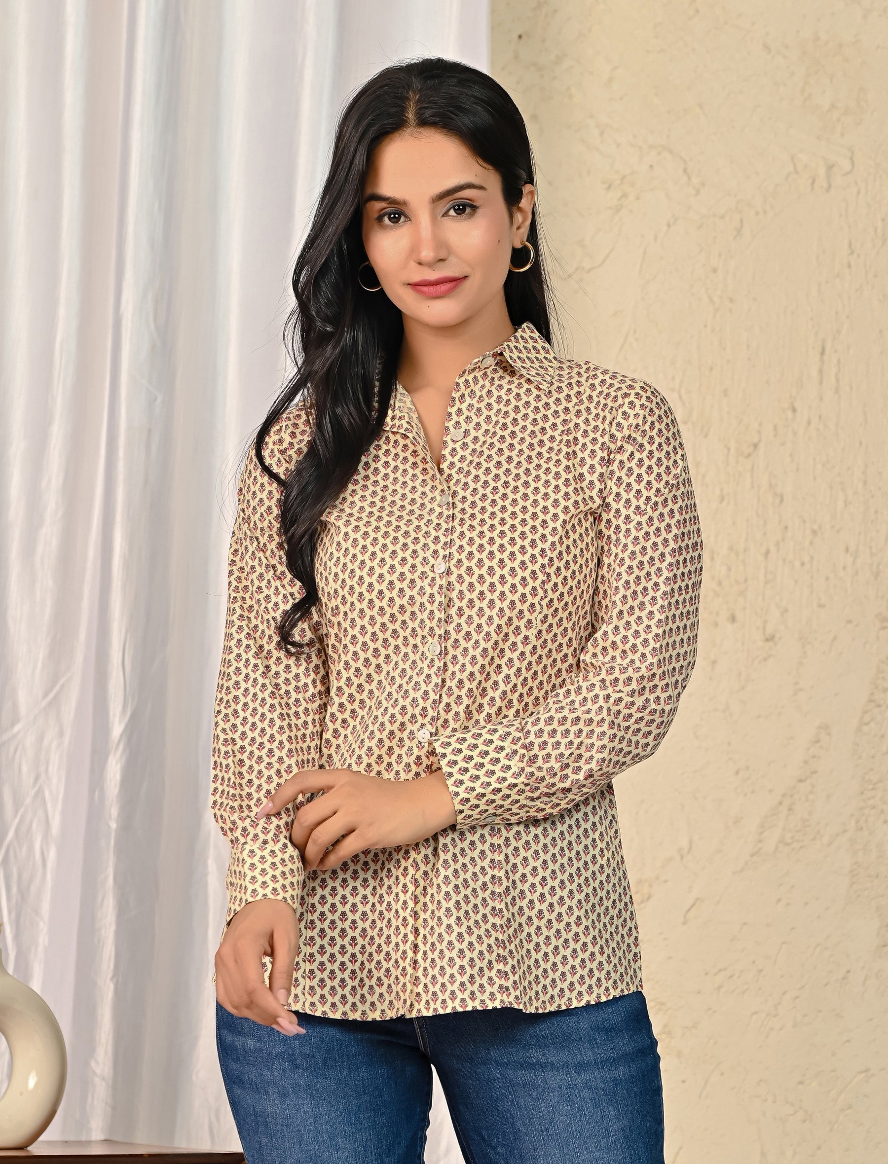 Off White Cotton Printed Full Sleeves Shirt For Women